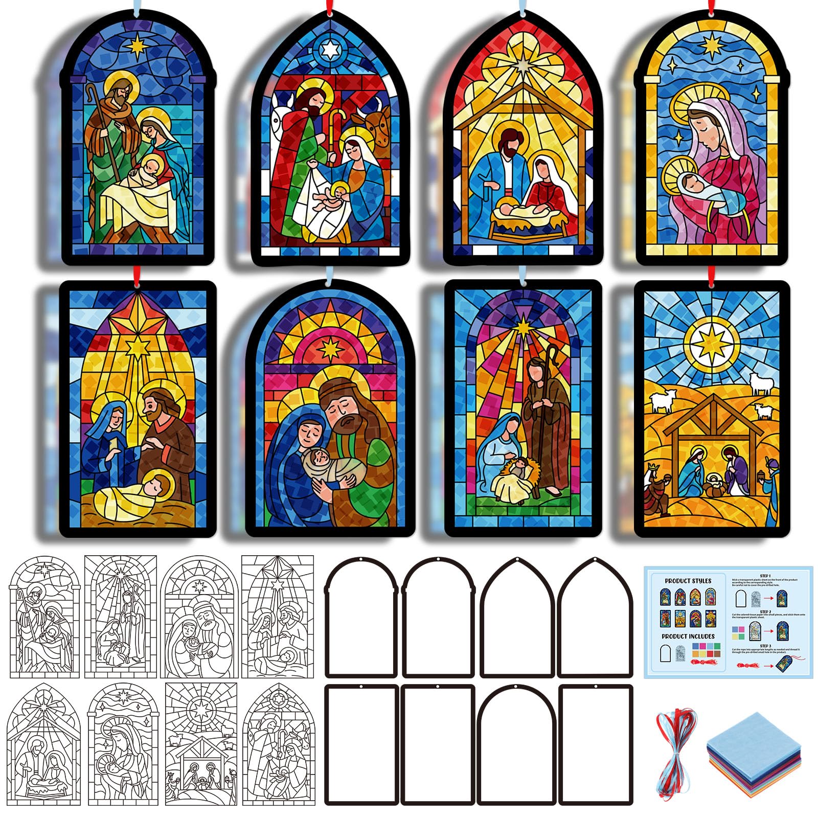 Tinlade 32 Set Nativity Scene Suncatchers Craft Kit Jesus Suncatcher Crafts with Tissue Paper DIY Window Stained Glass Religious Hanging Ornaments Christmas Winter School Classroom Activities — image 1