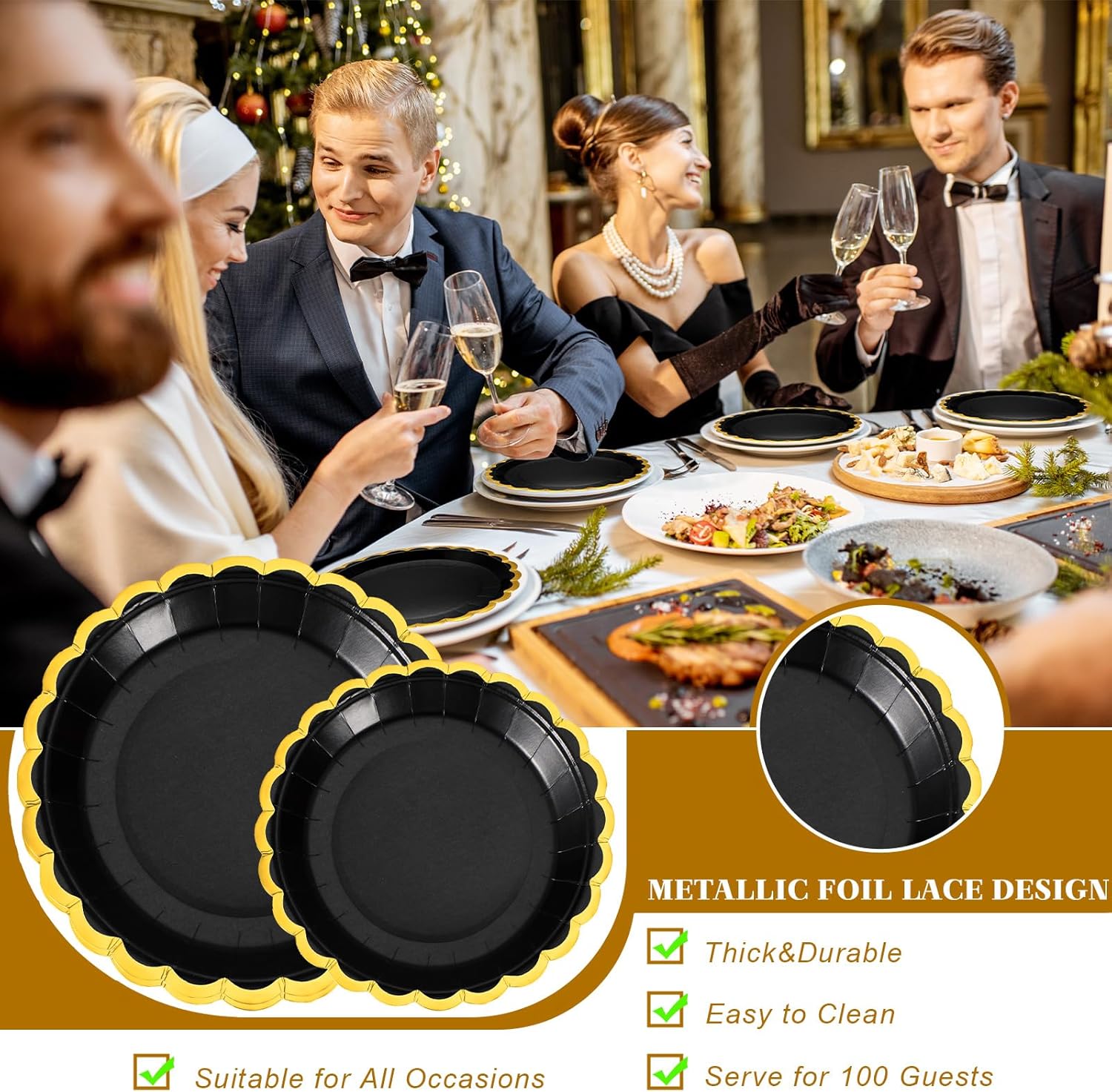 Sliner 700 Pcs Disposable Dinnerware Set Plates and Napkins Party Supplies Sever 100 Guests Gold Rim Plates Cups Gold Plastic Knives Spoons Forks Golden Dot Napkins Wedding Graduation Birthday (Black)