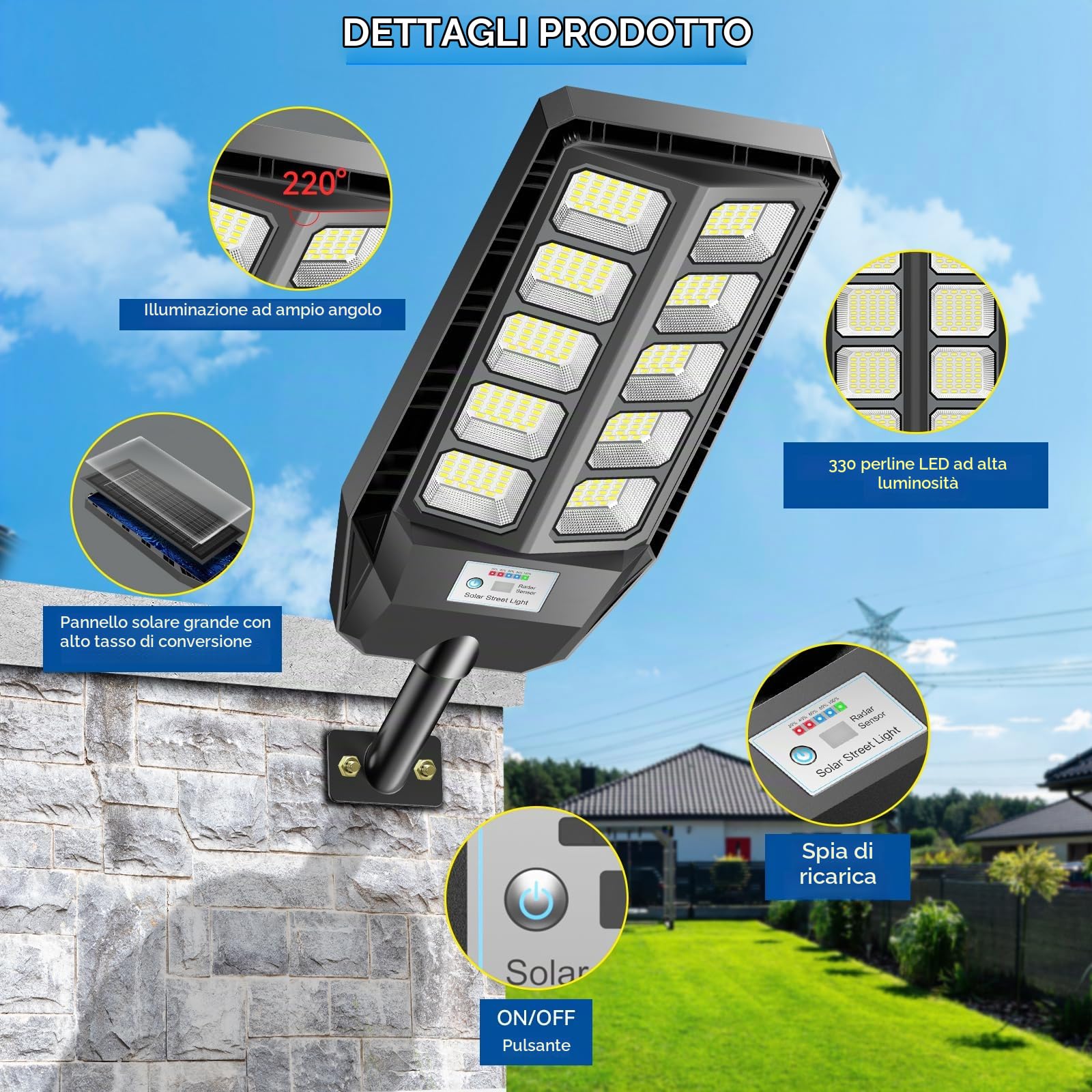 Adewalk Lampione Solare Led Esterno con Telecomando, IP66 Impermeabile Lampada Stradale Solare con Sensore di Movimento, 6500K Super Bright Lampioni da Giardino Esterno Solari per Garage