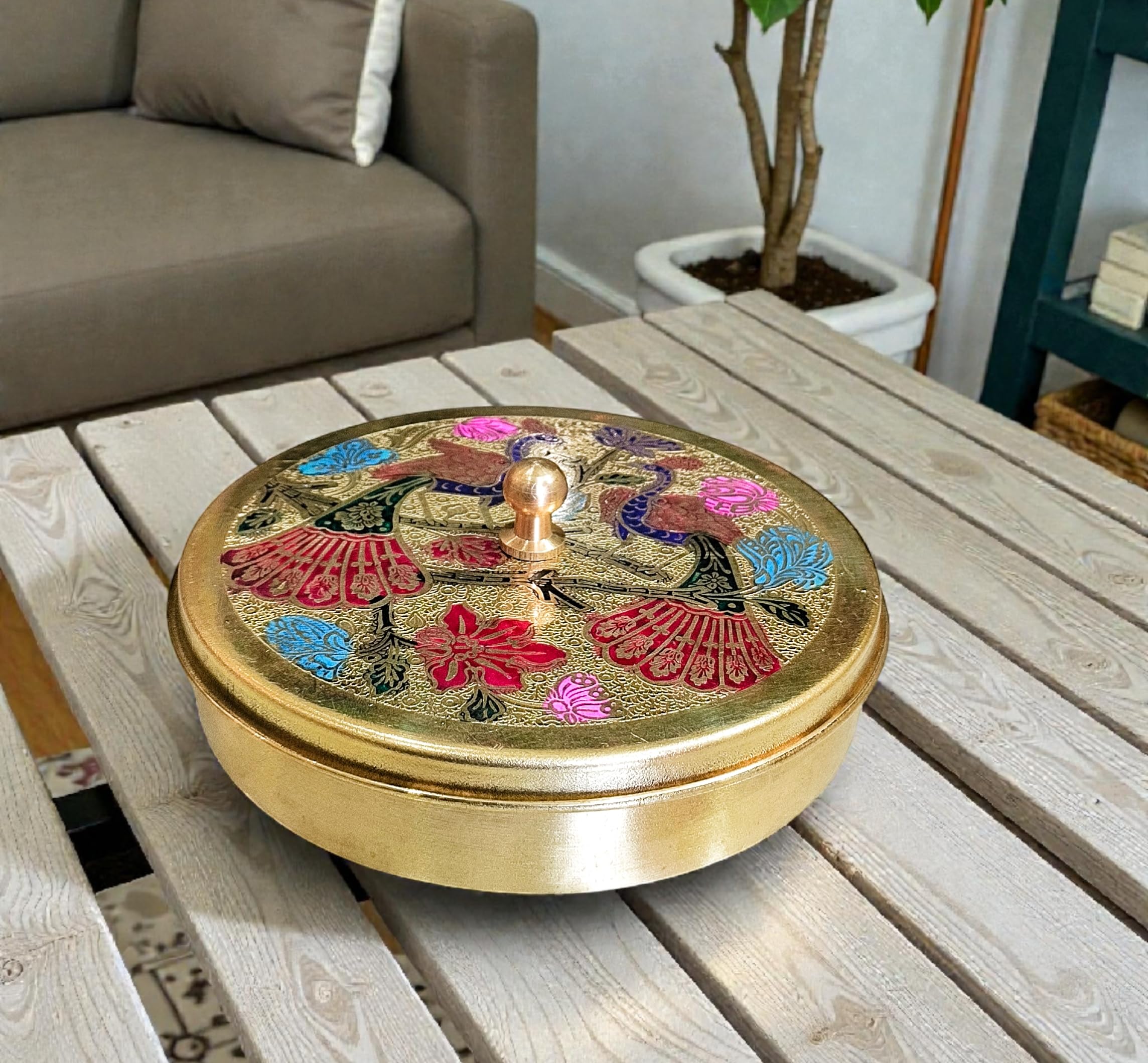 MORADABAD BRASS VILLA , Brass Mayur Pooja Box | 7 Dibbi Set for