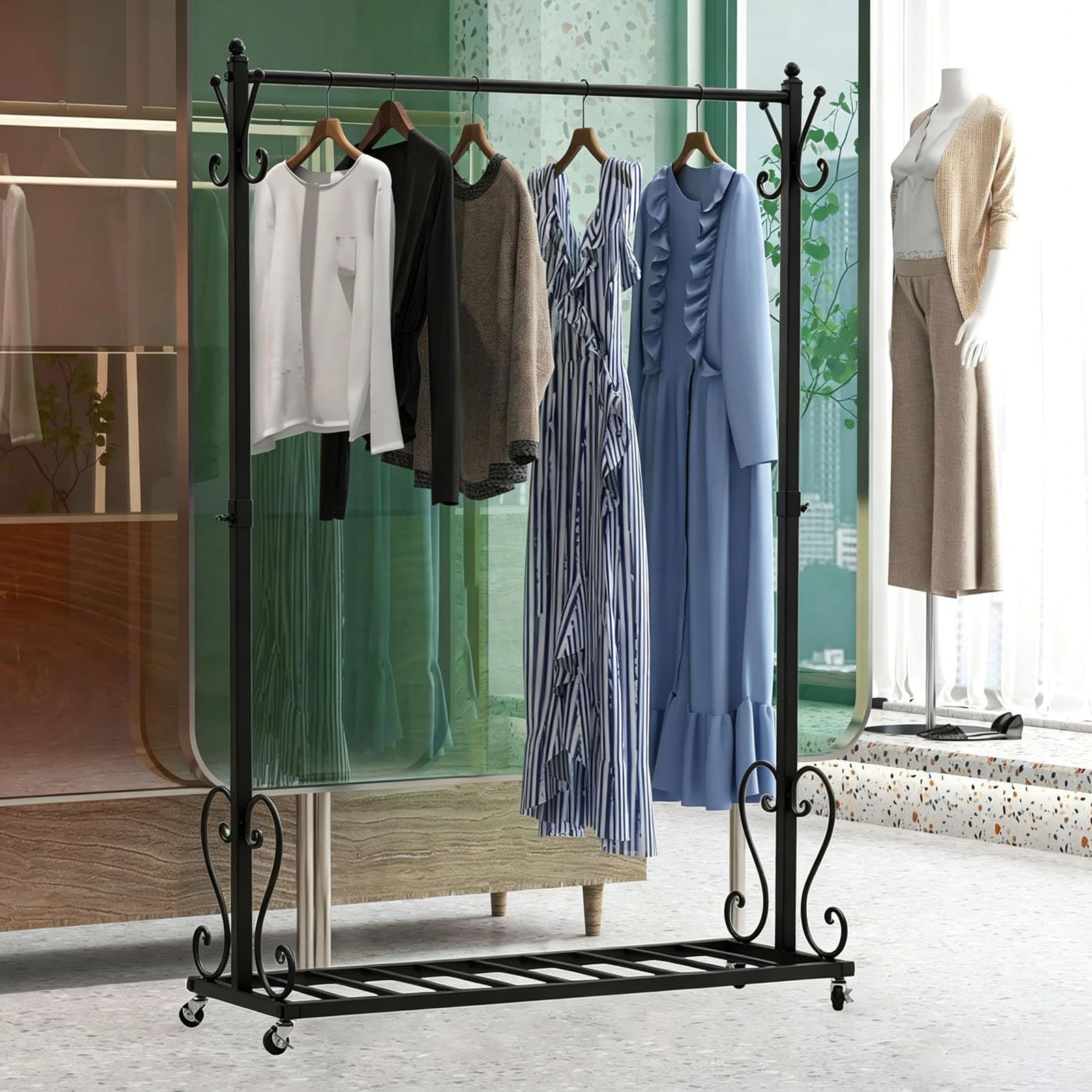 Kleiderständer aus Metall mit Rollen (Schwarz, 120x170cm) | Garderobenständer mit 8 Haken, Regal & 4 Bremsrollen – stabil, belastbar bis 65 kg, für Schlafzimmer, Boutique, Unteres