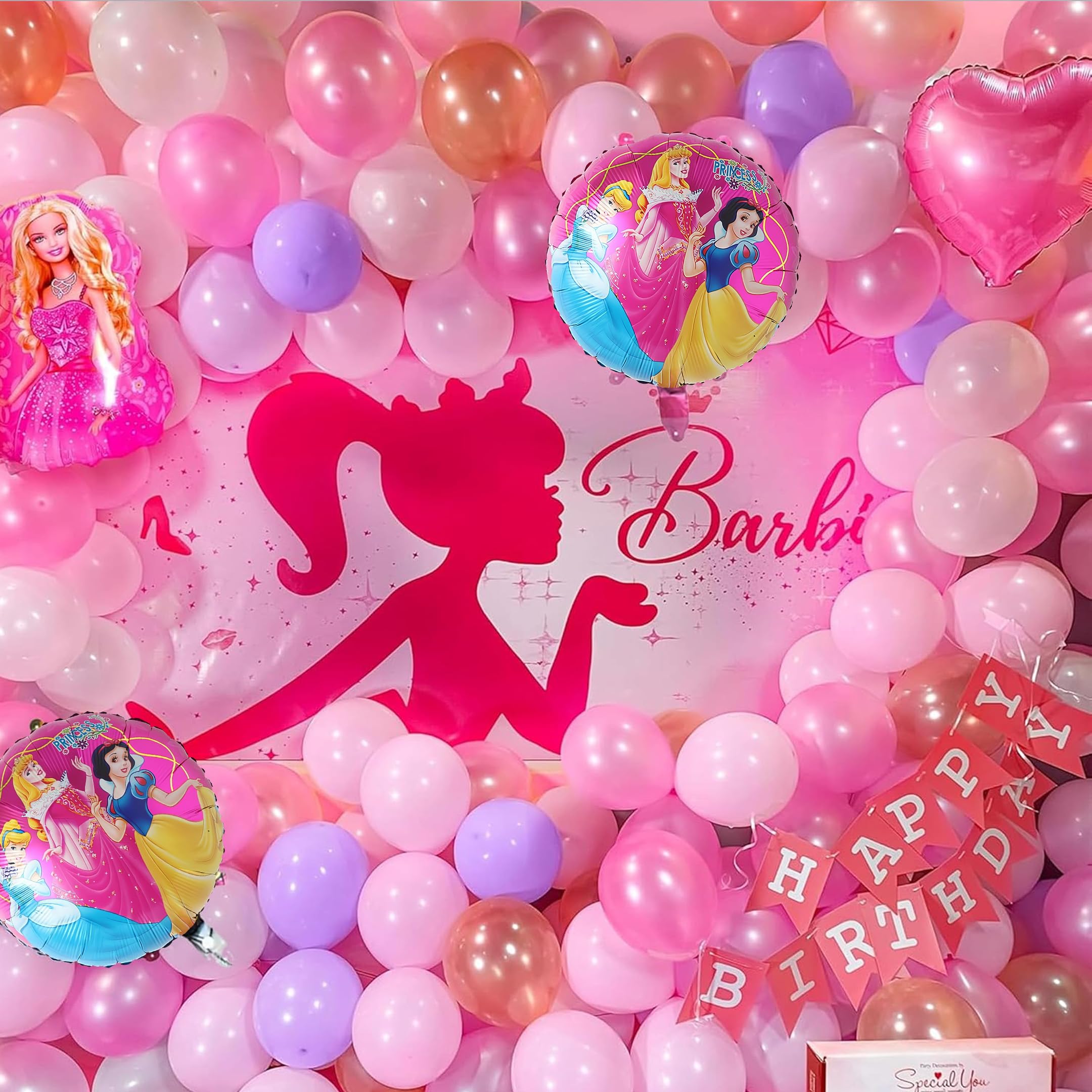 Specialyou.In Barbie Theme Birthday Decoration With Foil Balloon Set, Flex Poster, White Purple Pink Pastel And Metallic Balloons - 79 Pcs