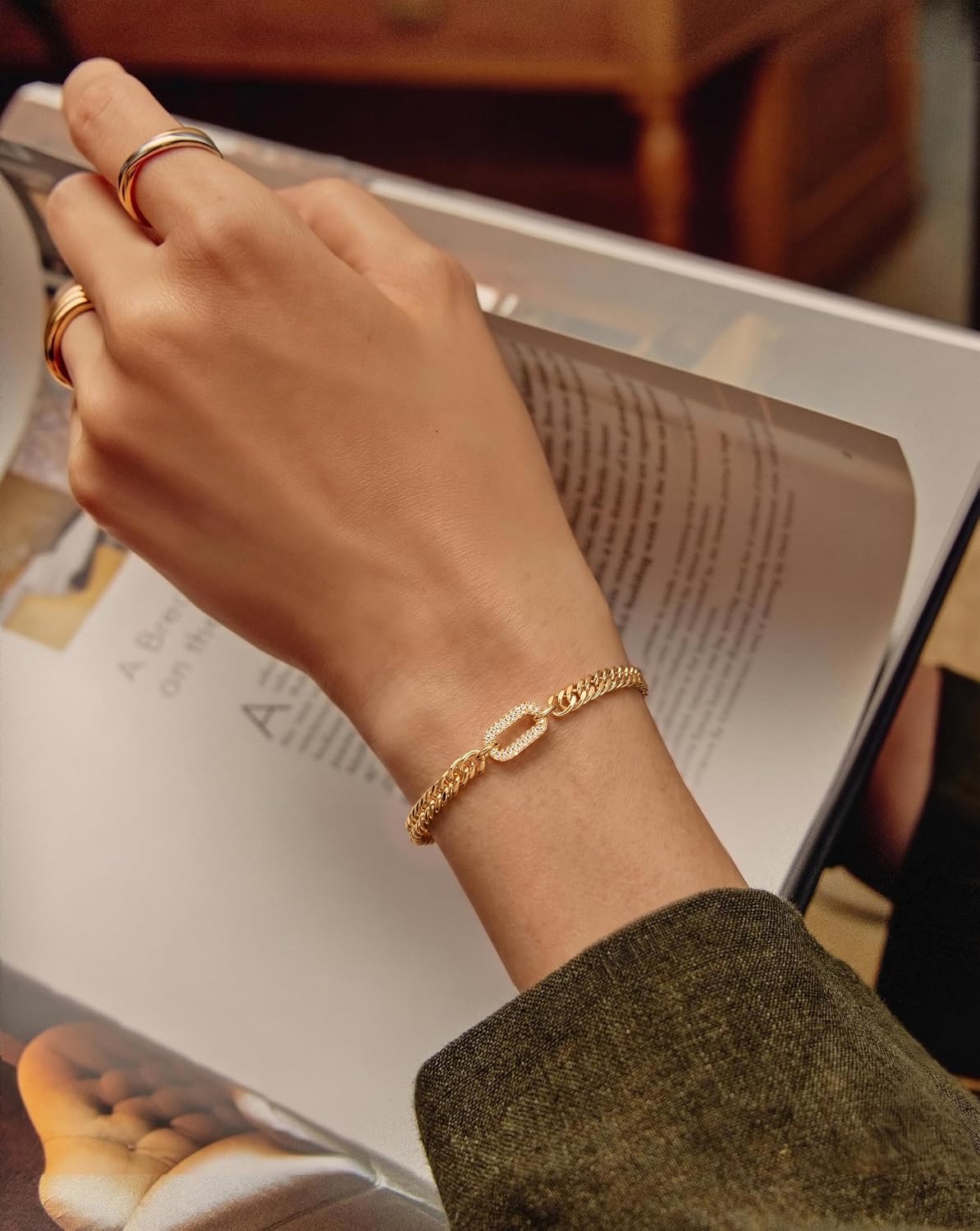 Moodear Chunky Gold Bracelet for Women, 14K Gold Plated Cuban Link with CZ image 3