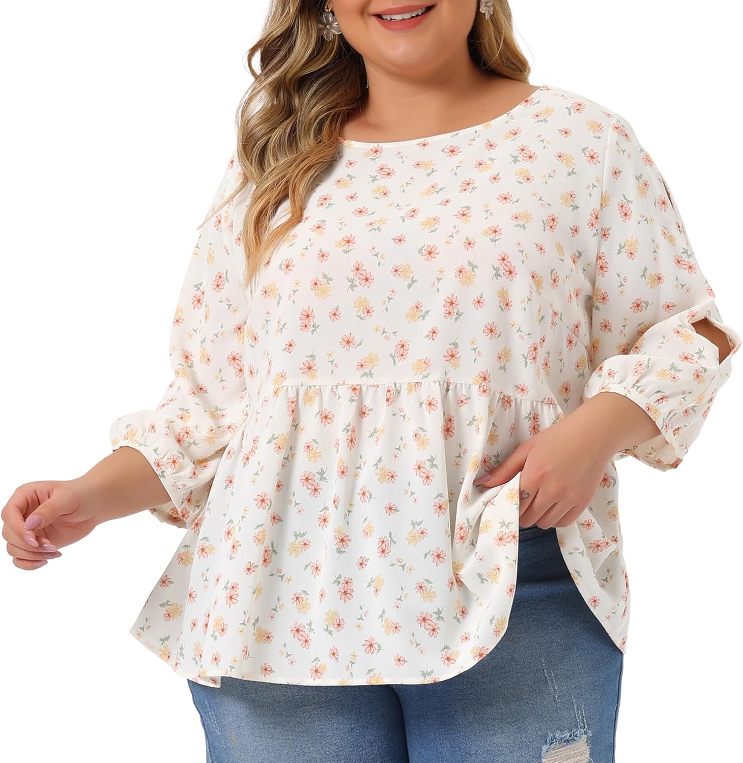 Agnes Orinda Plus Size Floral Blouses for Women Cut Out 3/4 Sleeve Babydoll Peplum Tops