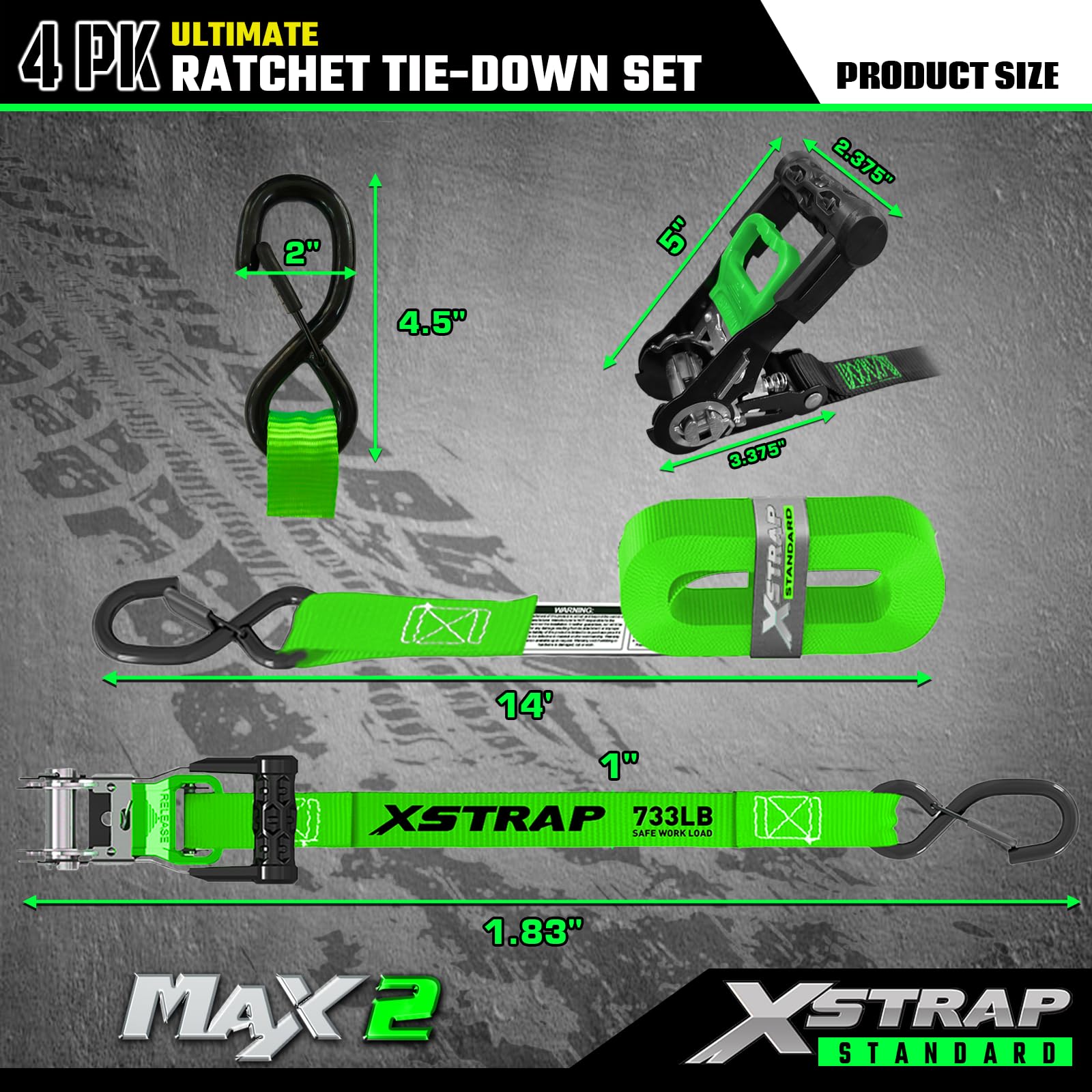 XSTRAP Standard Motorrad-Spanngurte, 2,5 cm x 4,6 m, 1 kg Bruchfestigkeit, weiche Schlaufenriemen mit Sicherheitsverschluss, S-Haken, Schwarze Schlaufen und Aufkleber, für Umzug, LKW, Ladung