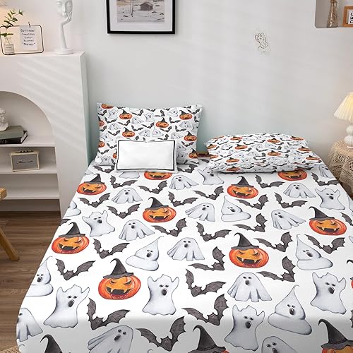 Miniatura 2 de Sábanas de Halloween divididas tamaño King para cama ajustable, sábanas de murciélago fantasma de calabaza, sábanas y fundas de almohada, juego de 5