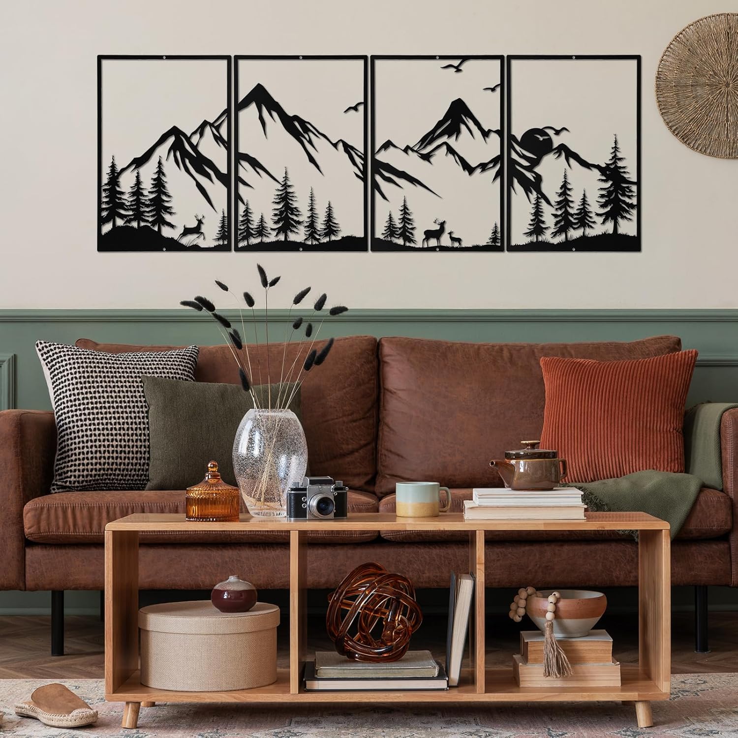 Sanwarm 4 Pieces Metal Modern Wall Decor, Black Wall Art Decors Mountain Iron Art Sculpture Nature Forest Minimalist Hanging Decoration for Home Bathroom Living Room Bedroom Garden Office