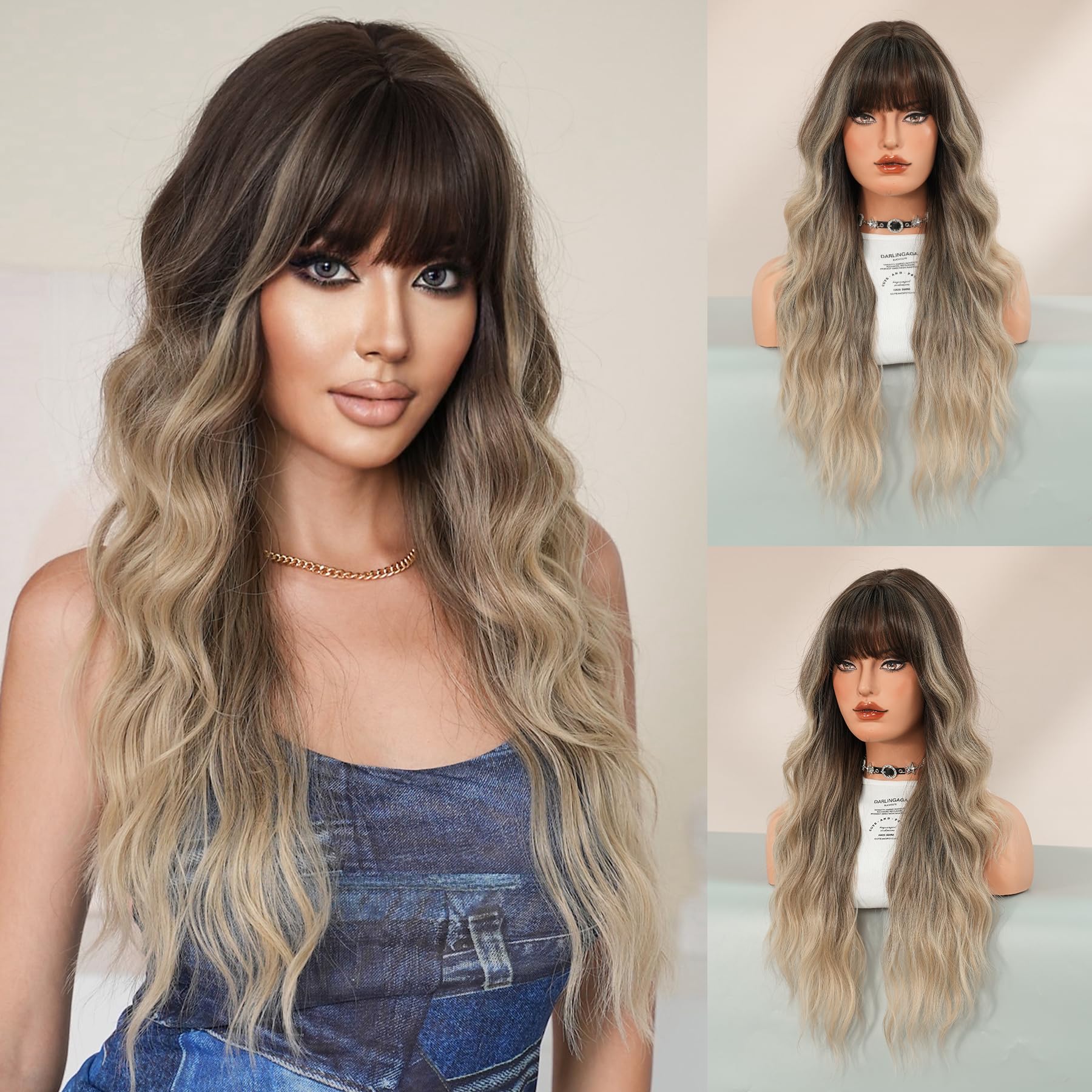 7JHH WIGS Long Wavy Ash Blonde Ombre Wig with Dark Roots 30in Natural Heat Resistant Fiber Synthetic Curly Brown Blonde Ombre Wigs with Bangs for