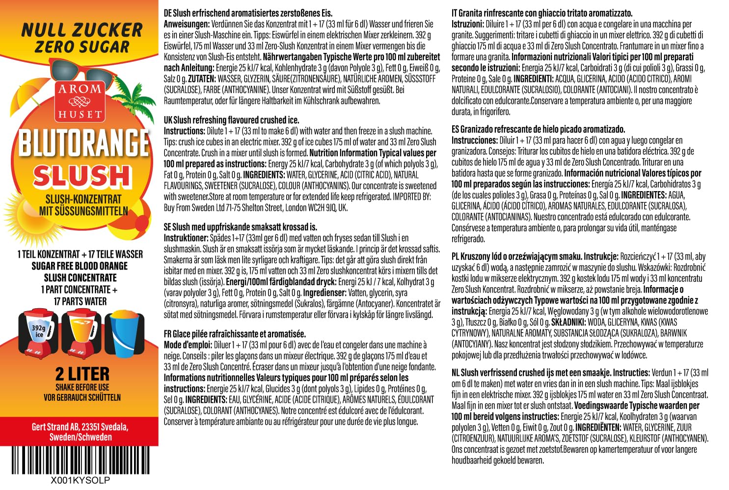 Zero zuckerfreier Blutorangen 2 L, Mischverhältnis 1:17 | ergibt 36 Liter Slush-Eis | Crush-Eis | Wassereis | ohne künstliche Farbstoffe | für Slushie-Maker
