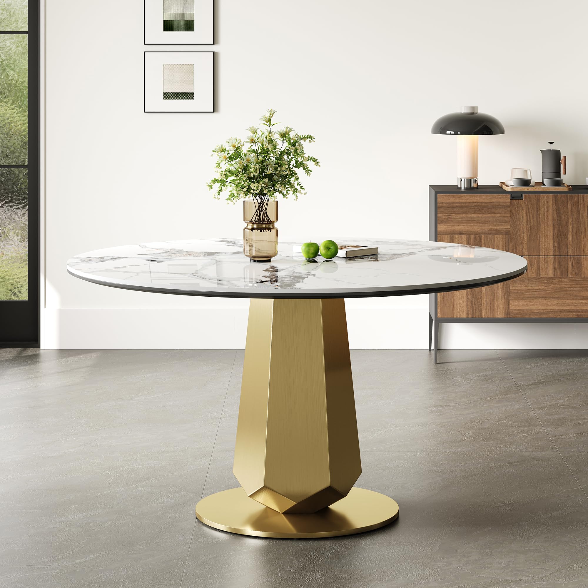 Montary 53” Luxury Round Dining Table with Sintered Stone Top, Modern Kitchen Table for 4-8 People, Gold Stainless Steel Base &amp; Easy Assembly, Artificial Marble Dining Room Table for Home