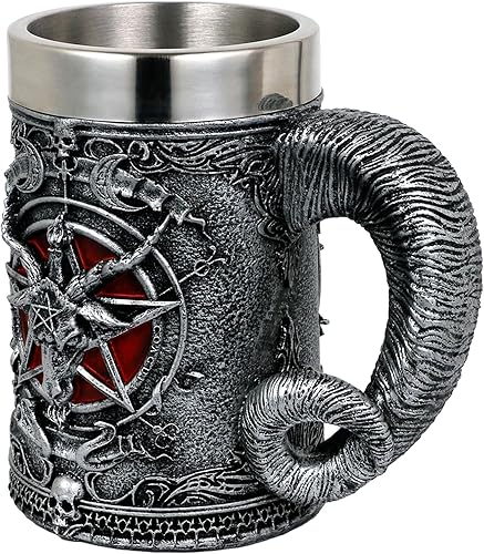 Miniatura 7 de alikiki Taza de cerveza medieval con cabeza de baphomet – Sabbatic Goat Pentagram Drinking Tankard de acero inoxidable de 21 oz taza de café para
