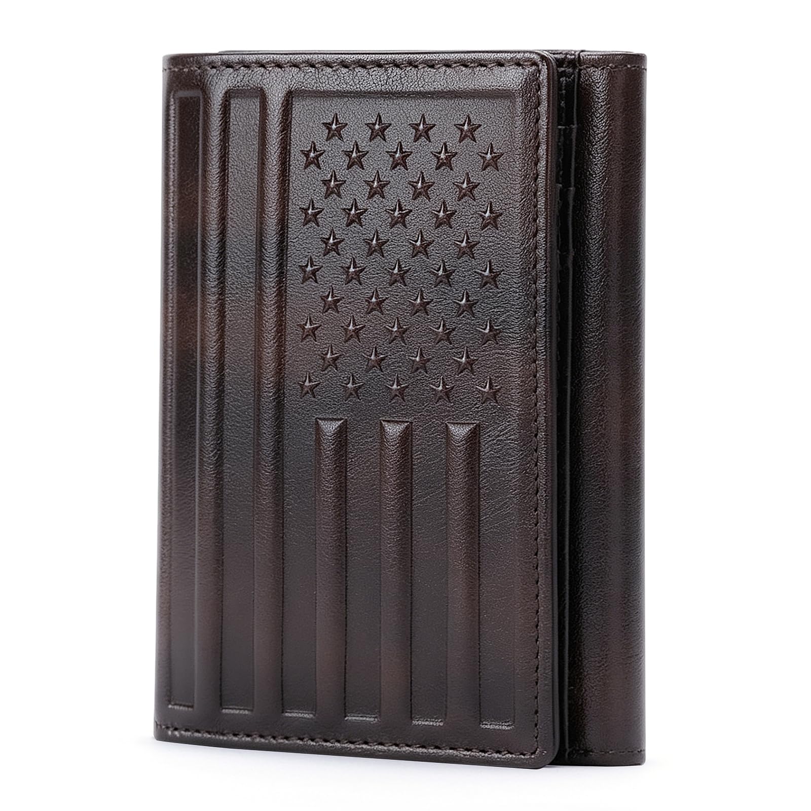 BISON DENIM Men's Trifold Leather RFID Wallet, 13 Slots, American Flag | Tri-Fold Credit Card Wallet with Hand Burnished, Real Leather Western Cowboy Wallet with Gift Box, Brown with American Flag