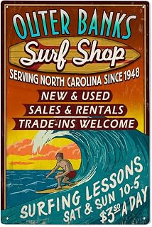 Lantern Press 6x9 Inch Wood Sign, Ready to Hang Wall Decor, Outer Banks, North Carolina, Surf Shop Vintage Sign