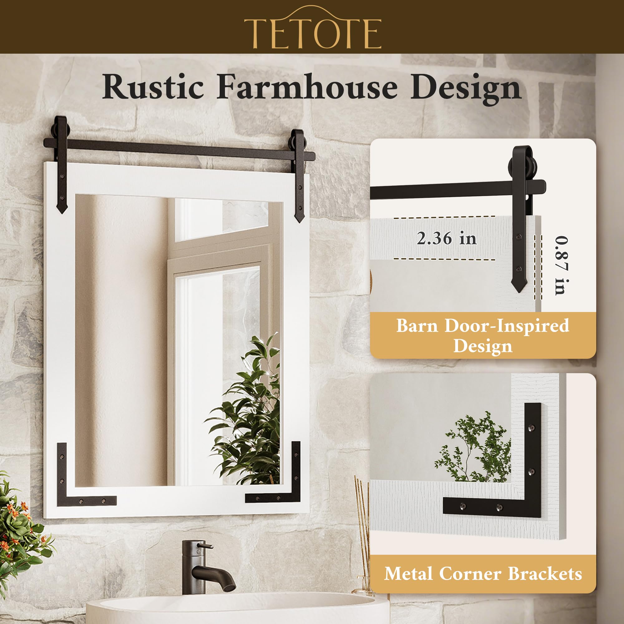TETOTE Specchio da parete rustico per porta del fienile, 55,9 x 76,2 cm, stile rustico, con cornice in legno bianco naturale, per bagno, soggiorno, camera da letto, ingresso, impermeabile