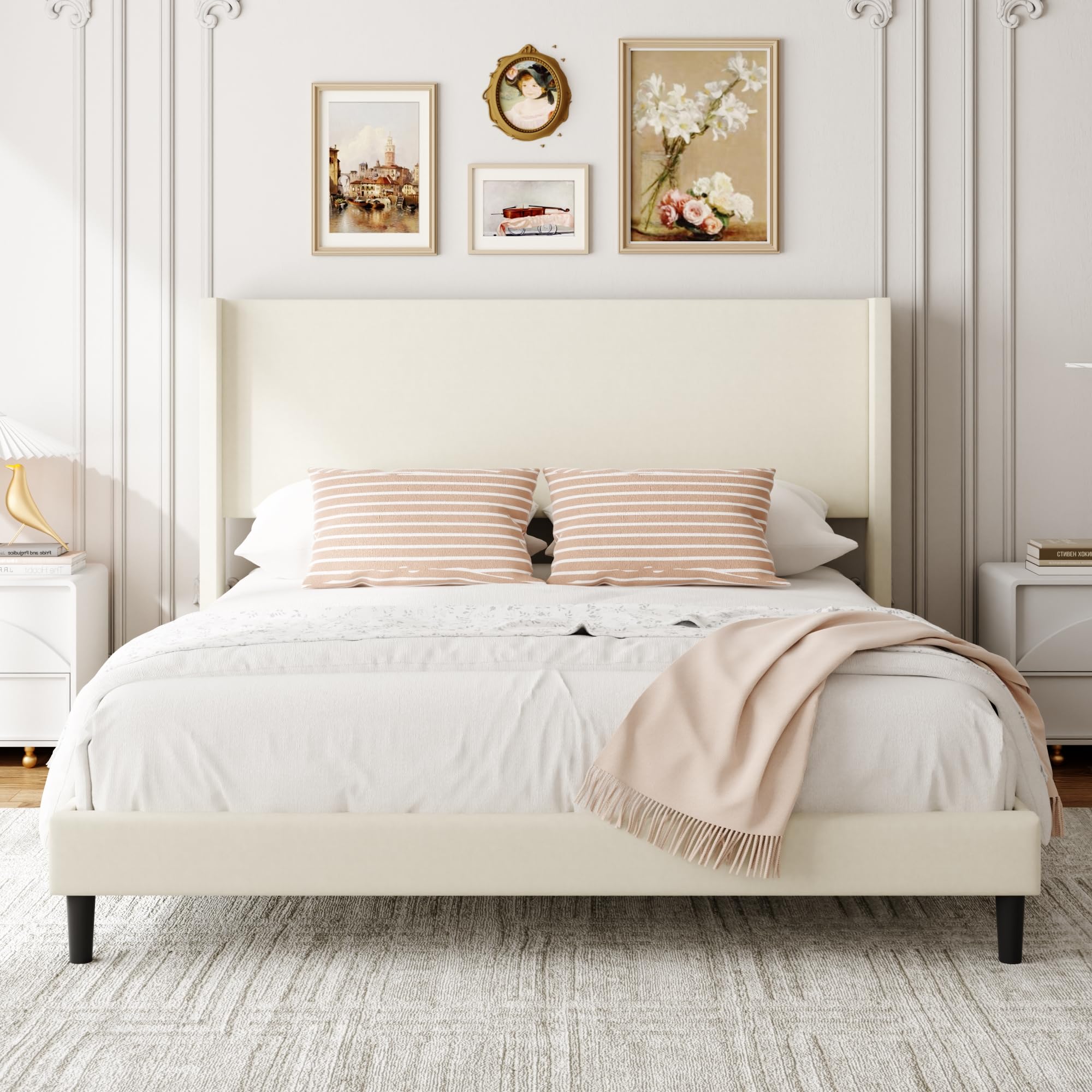 Queen Bed Frame with Wingback Headboard, Velvet Upholstered Platform Bed with Wooden Slats, 6.46“ Under Bed Storage, Metal Support, Noise Free, No Box Spring Needed, Beige