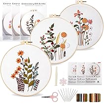 VINATO Kit di Ricamo per Principianti con 3 Motivi Floreali, Telaio in Bambù, Filo e Accessori | Set Completo per Punto Croce e Ricamo a Mano | Idea Regalo per Adulti