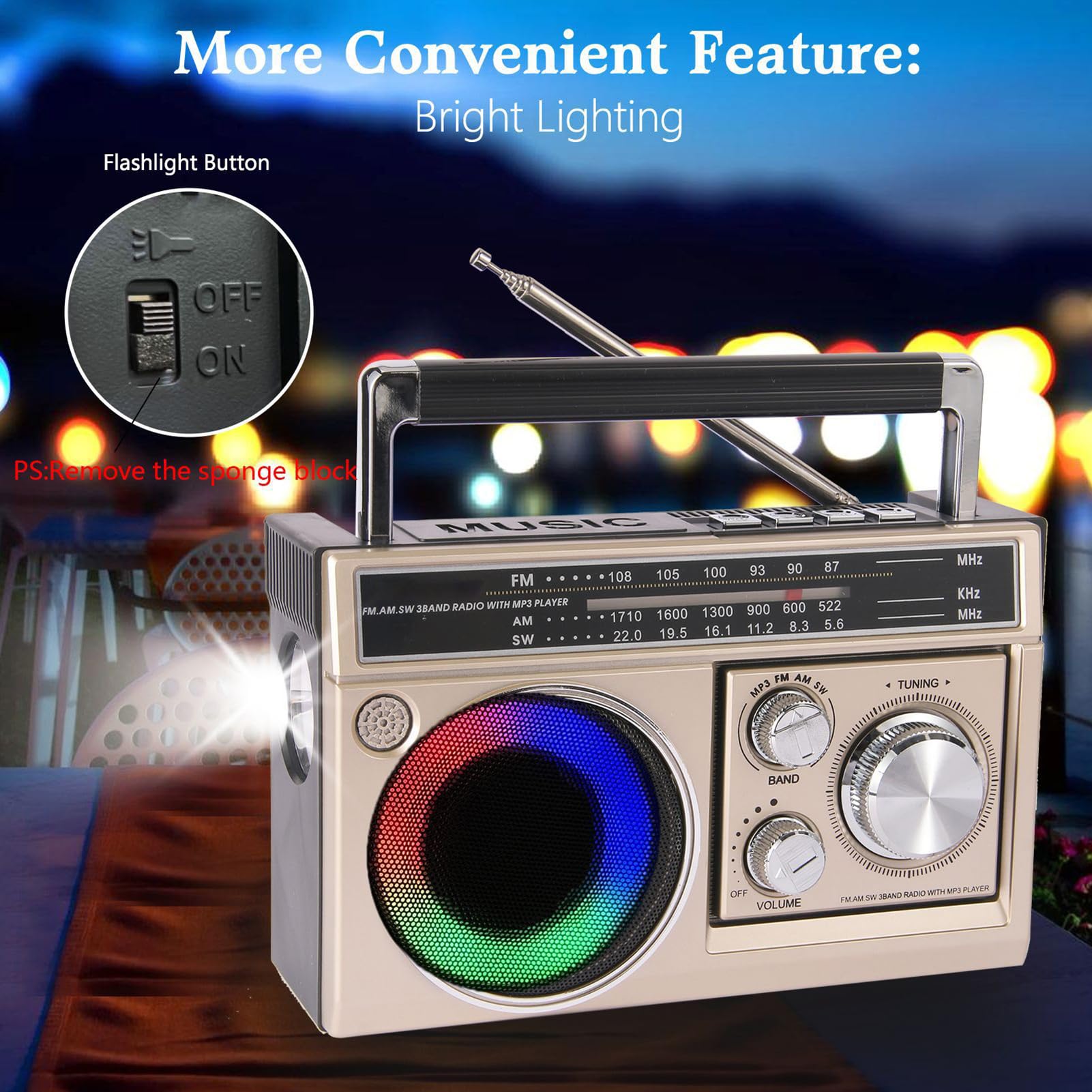 Haut-Parleur Radio BT Portable, Lampe de Poche LED Stéréo 5 W, Radio Extérieure FM AM SW avec Véritable Stéréo sans Fil pour la Maison, Le Camping, Les Voyages (Gold)