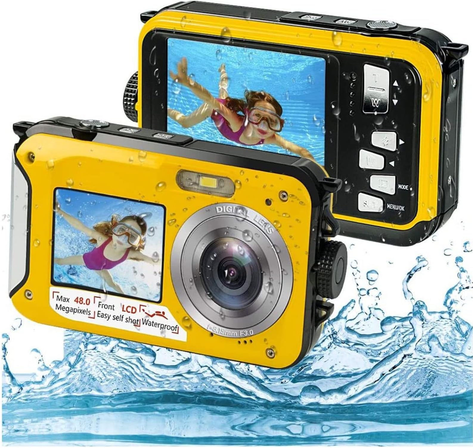 Underwater Camera, 10ft Waterproof Camera, Full HD 2.7K 48MP, 16X Digital Zoom, Underwater Digital Camera with Selfie Dual Screen, DV Digital Camera for Snorkeling (Yellow)