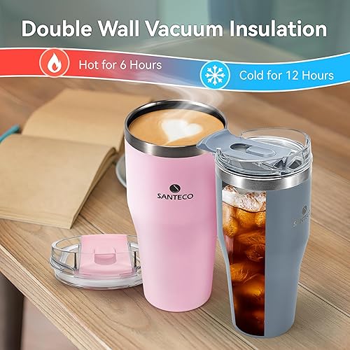 Miniatura 5 de SANTECO Vaso de café aislado de 20 onzas con tapa y popote incluidos, taza de café de viaje de acero inoxidable de doble pared, a prueba de
