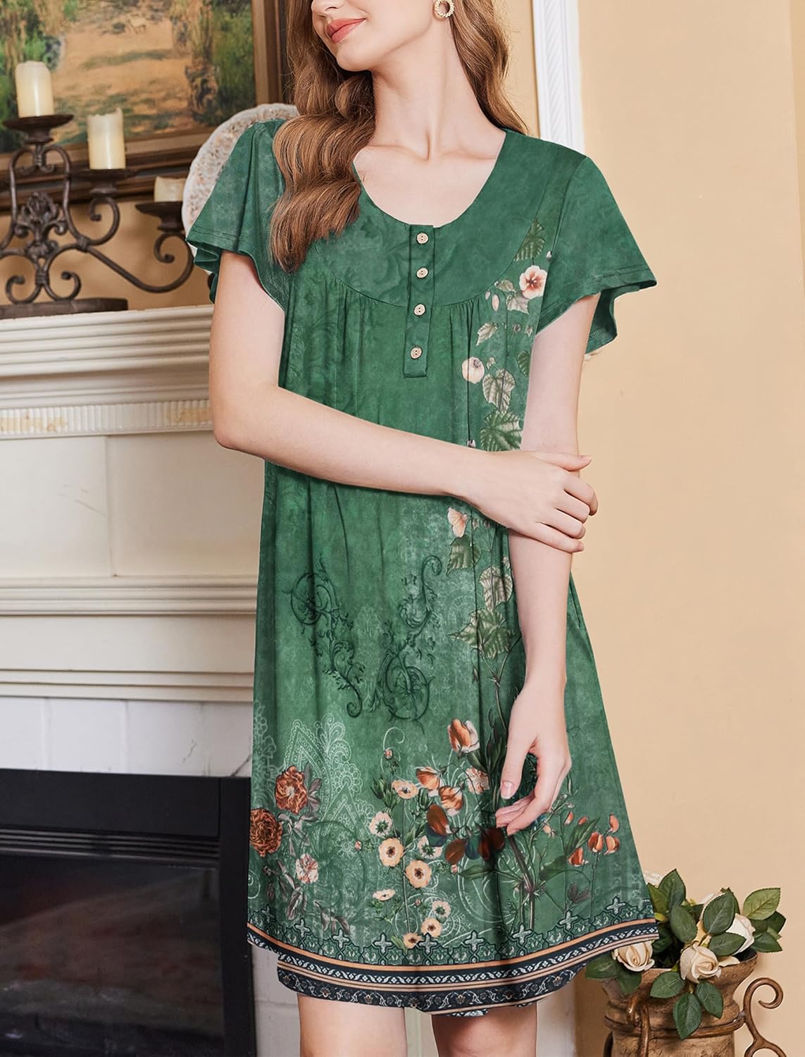 Ekouaer Nightgowns for Women Short Sleeve House Dress with Pockets Floral Print Mumu Dress - Image 3