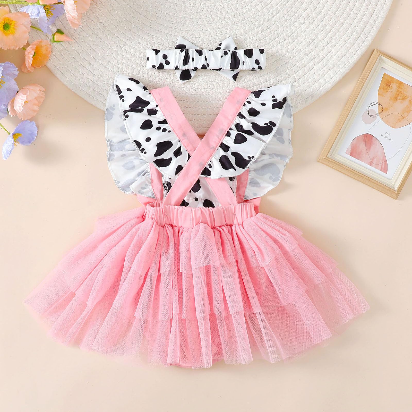 Amiblvowa Newborn Baby Girl Summer Clothes Pink Cow Print Ruffle Tutu Romper Dress Princess Birthday Western Cowgirl Outfit (Pink Sleeveless Backless, 12-18 Months)