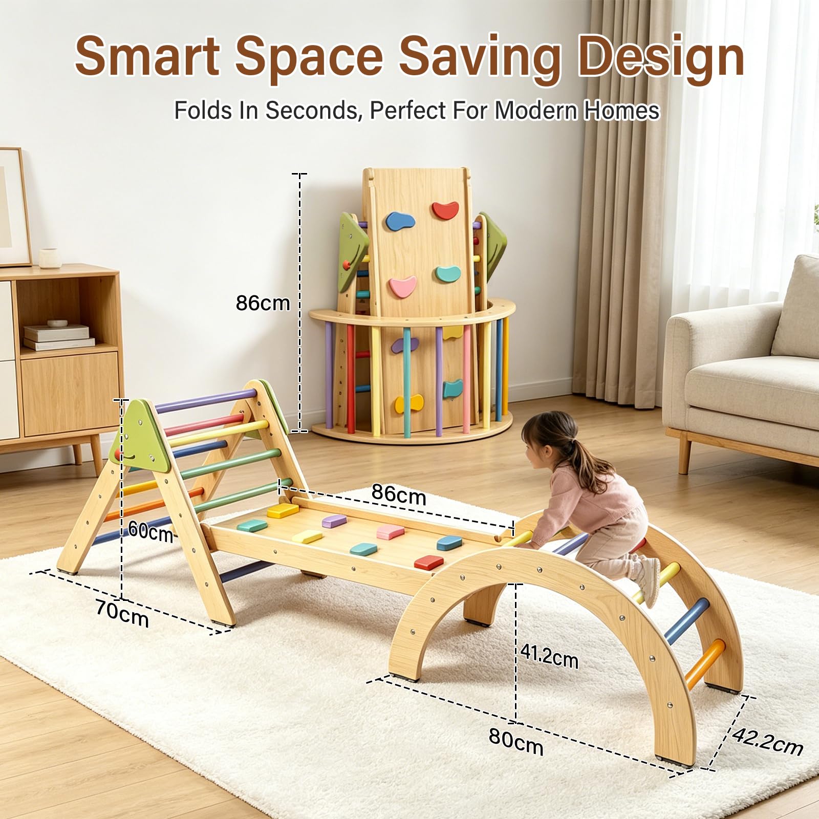 7 in 1 Montessori Klettergerüst Set Kinder ab 18m+ Holz Pikler Dreieck Baby Indoor Spielset Kletterdreieck mit Rutsche, Bogen, Leiter faltbar Spielplatz Geschenk für Kleinkinder Jungen und Mädchen 1-3