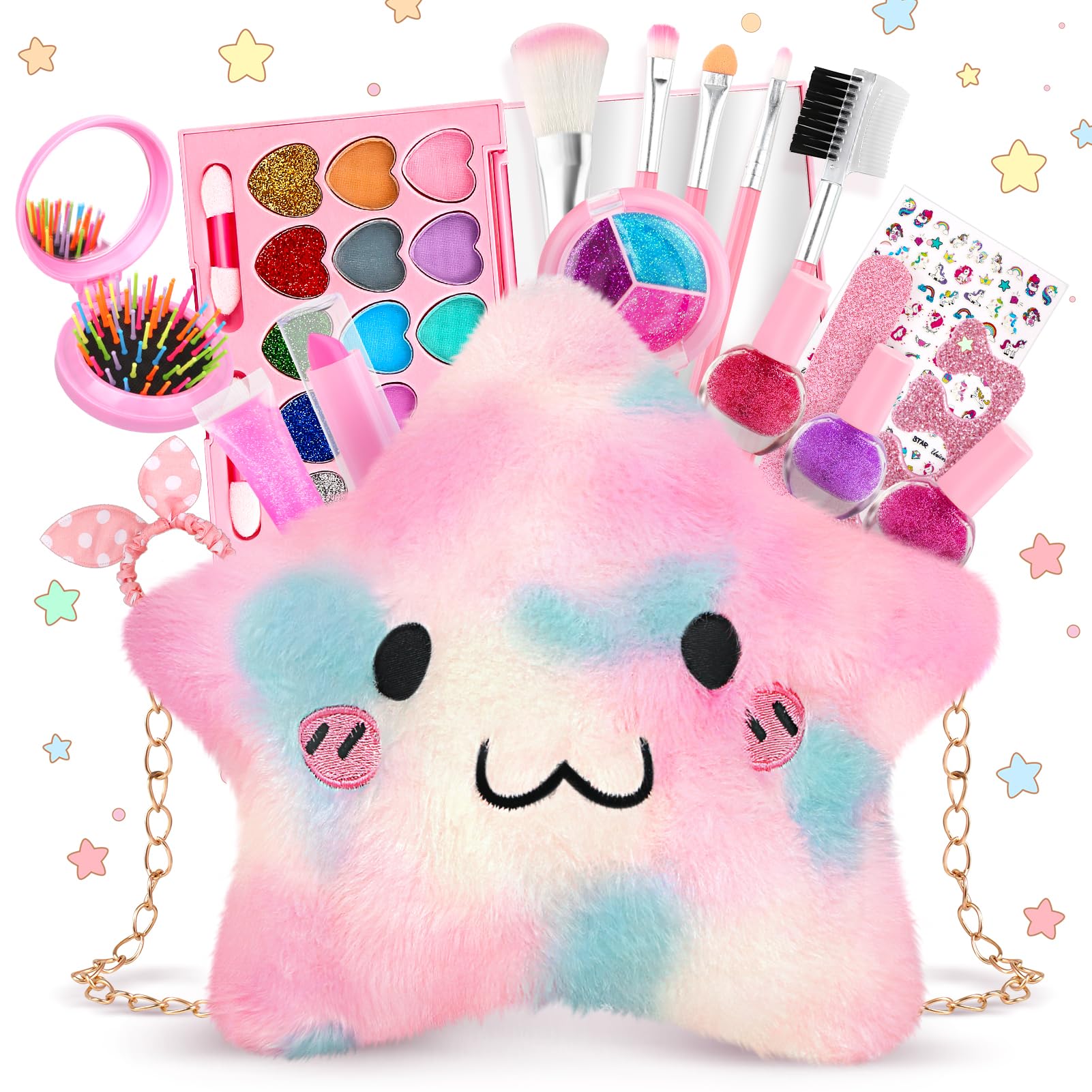 Dreamon Trucchi Bambina Set, 18 Pezzi Lavabile Set Di Valigetta Trucchi Bambina, Trousse Trucchi Bambina in peluche, Giochi Bambina Regalo Natale Compleanno Bambina 3 4 5 6 7 8 9 10 Anni