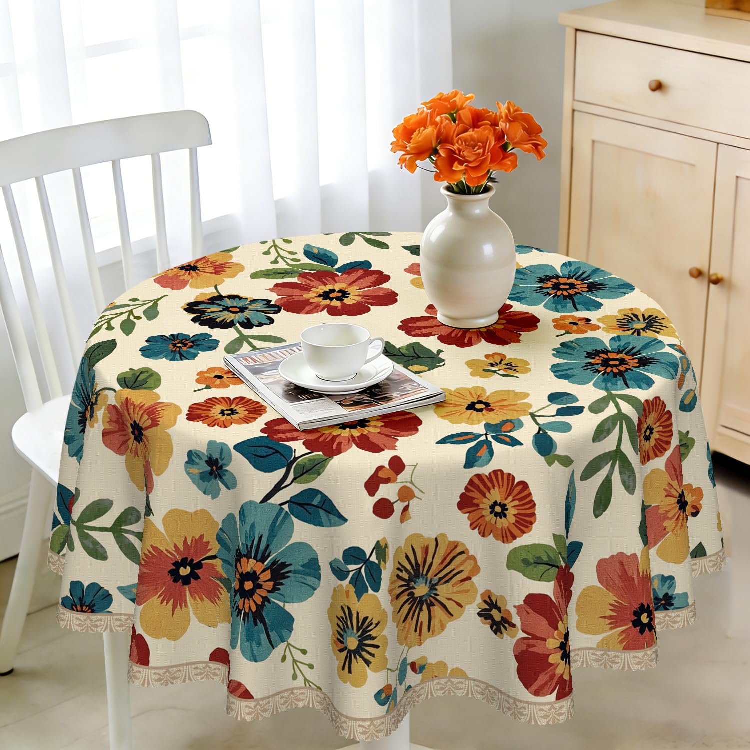 iEvery Vintage Flower Round Tablecloth Wipe Clean 140cm, Wipeable Circular Table Cloth Waterproof Stain-Resistant Polyester Table Cover for 4-6 Seater Dining Kitchen Patio Garden Party Outdoor Decor