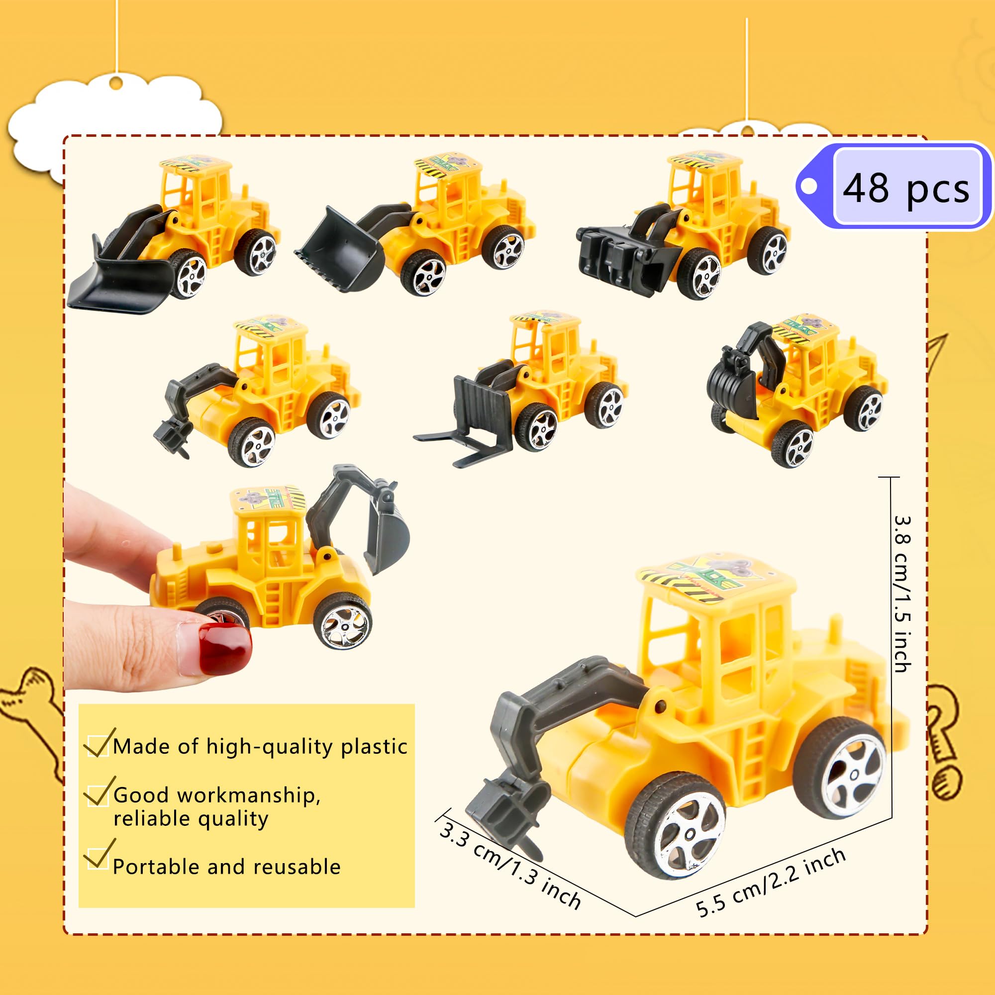 Restroma 48 Pack Mini Construction Vehicles Engineering Vehicles Yellow Construction Trucks Small Construction Car Toys for Kids Construction Theme Party Decoration, 6 Styles