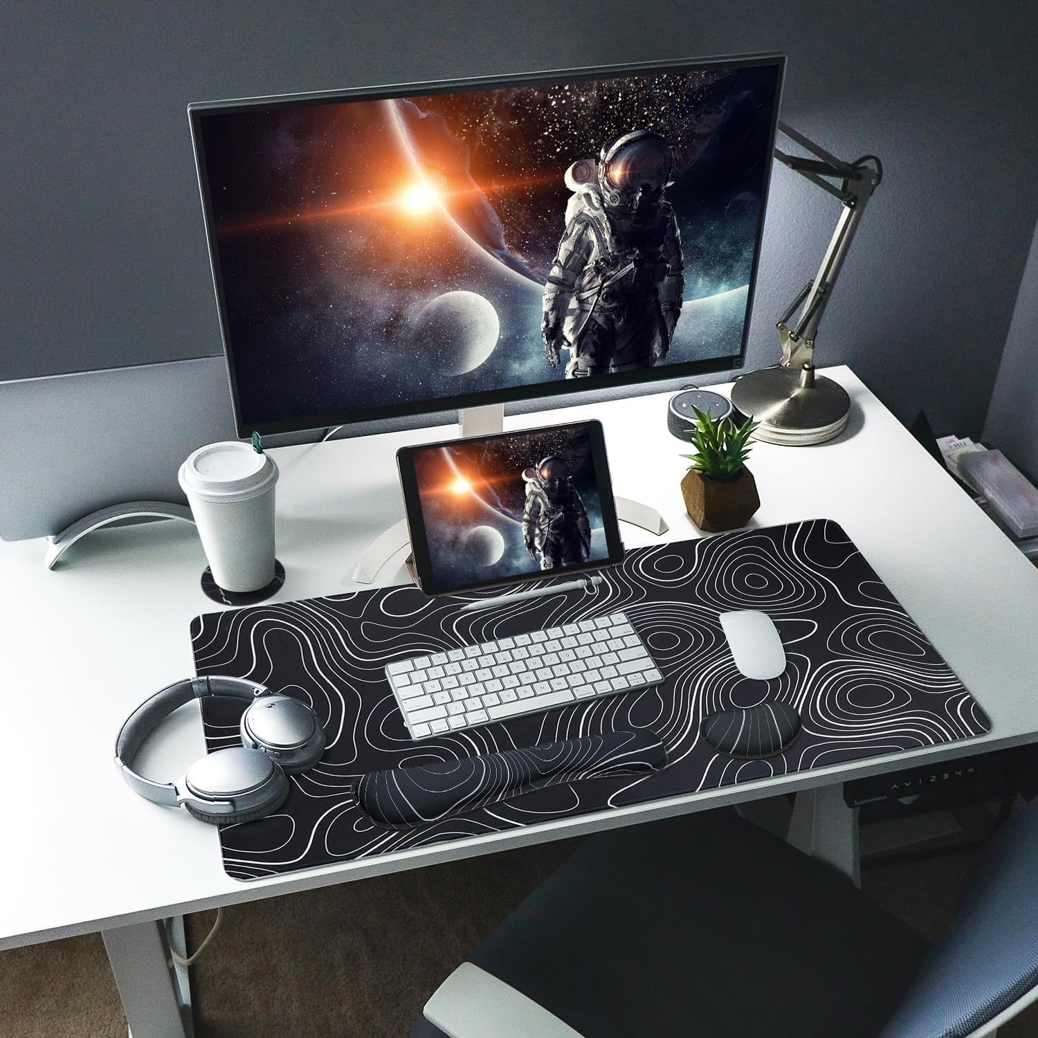 Bloss Mouse Pad with Wrist Rest, 4PCS Desk Mat and Wrist Support for Keyboard, Large Desk Pad, Keyboard Pad for Office Work/Home, Black and White Topography (31.5 x 15.7 Inches)