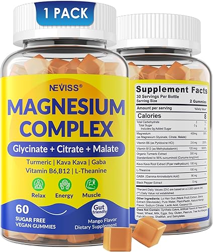 Miniatura 5 de Complejo de suplemento de magnesio 400 mg, glicinato de magnesio, malato, citrato con cúrcuma 300 mg para calma, nervios, energía, calambres