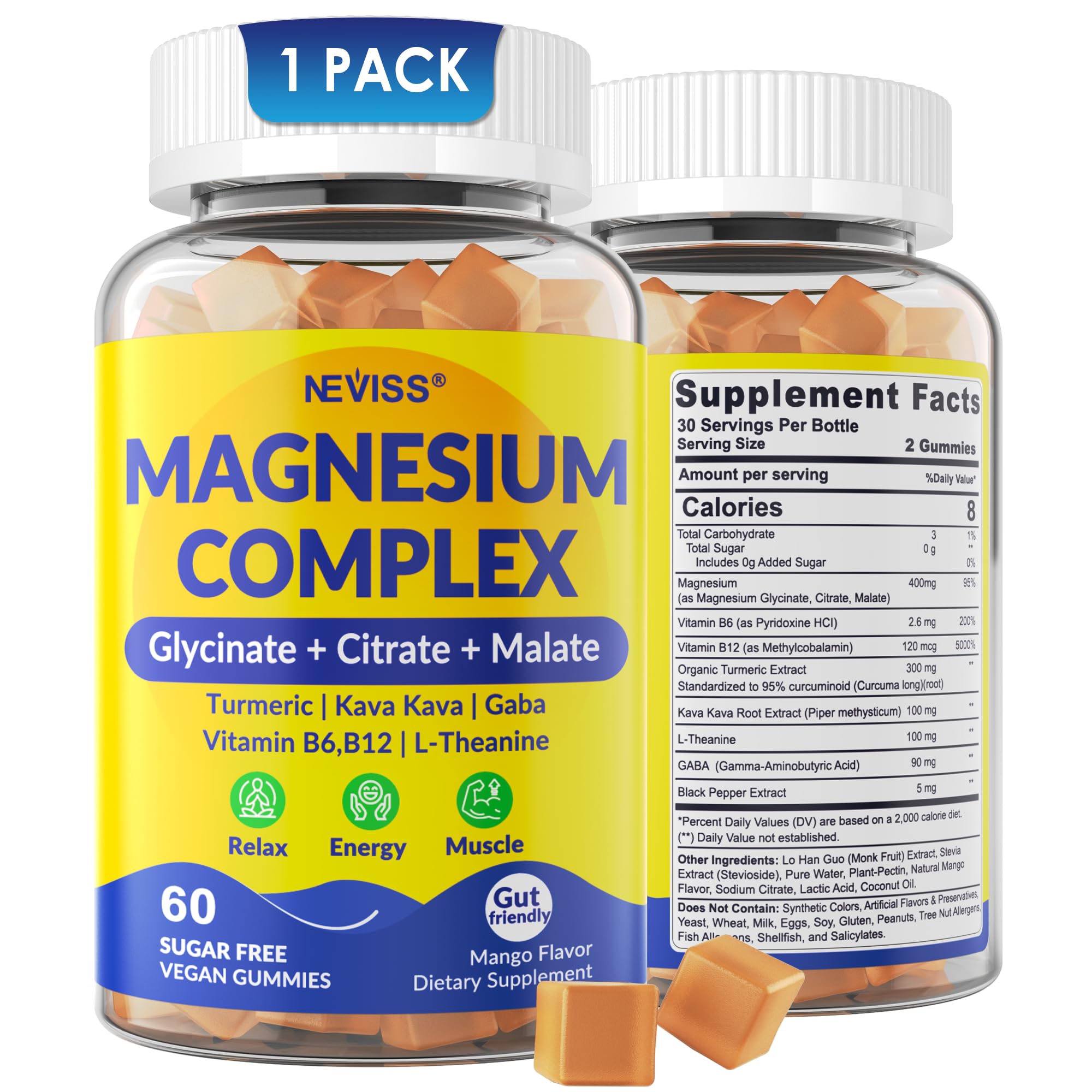 Magnesium Complex Gummies 400mg, Magneisum Glycinate Citrate Malate + Turmeric, GABA, B6 B12, Kava Kava, L-Theanine for Sleep, Calm, Relaxation,