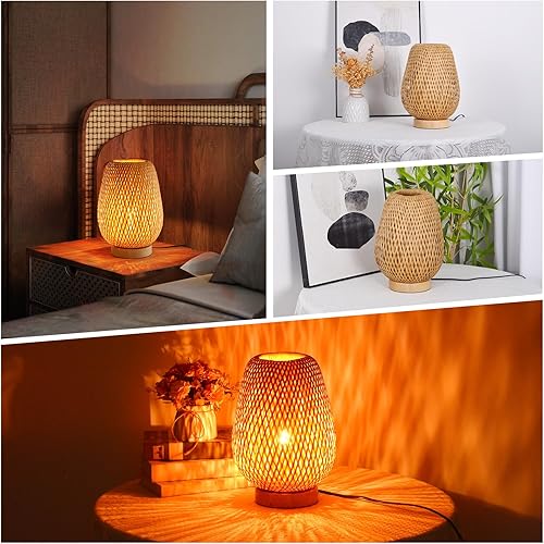Miniatura 3 de Lámpara de mesa de ratán para dormitorio, lámpara de noche de bambú bohemia, pequeña lámpara de mesa de noche de mimbre para sala de estar,