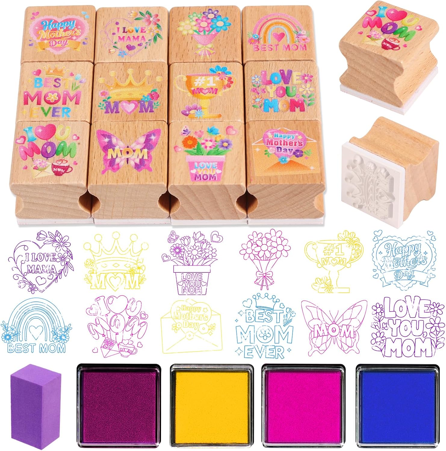 HOWAF 12pcs Mother's Day Wooden Stamps, Happy Mother's Day Rubber Stamps for Crafting, Best Mom Craft Inking Stamp Pads Set for Crafting and DIY Scrapbooking Card Making Hand Book