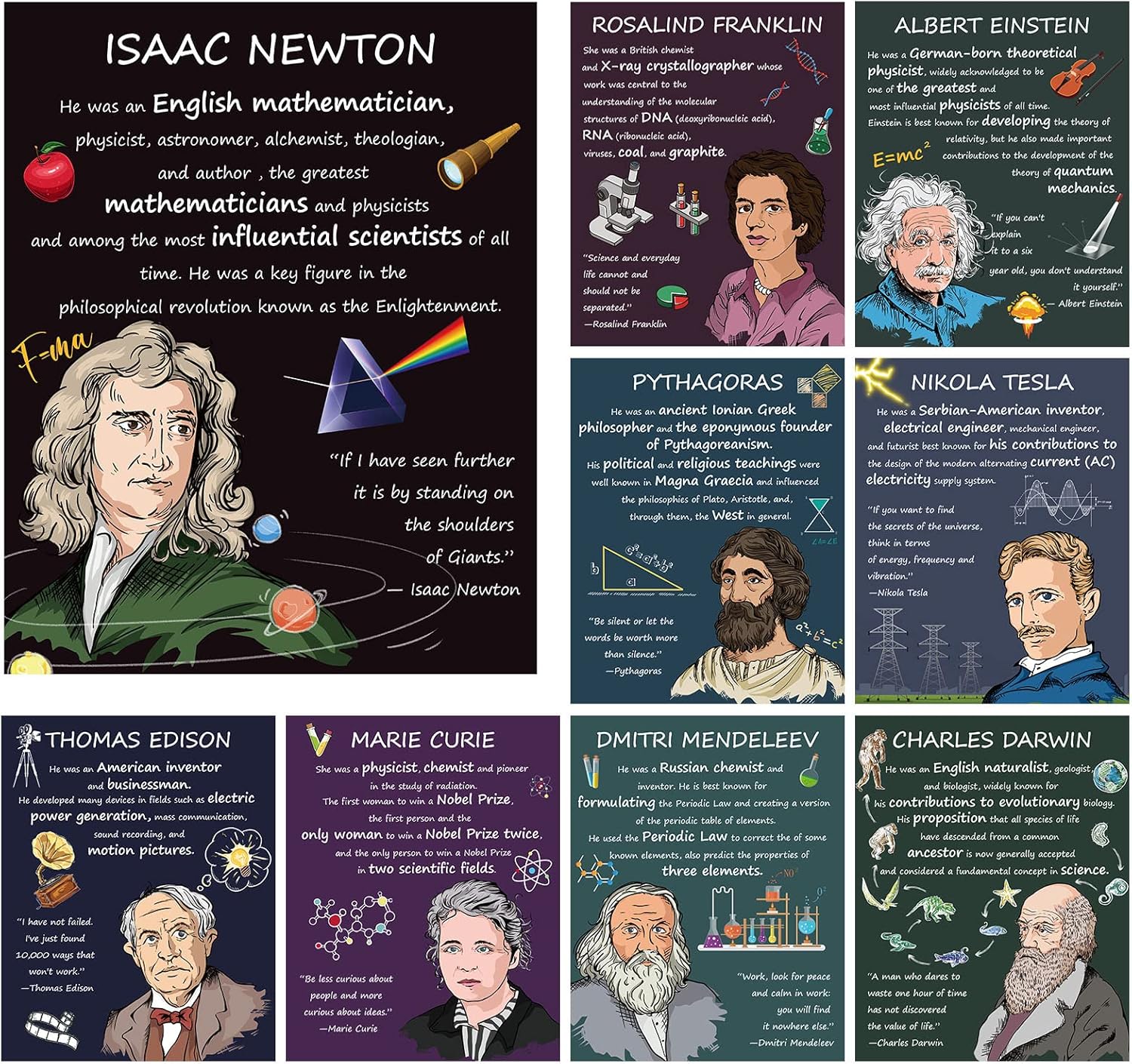 Amazon.com: KALEFO 9 Pack Science Posters Scientists inspirational ...