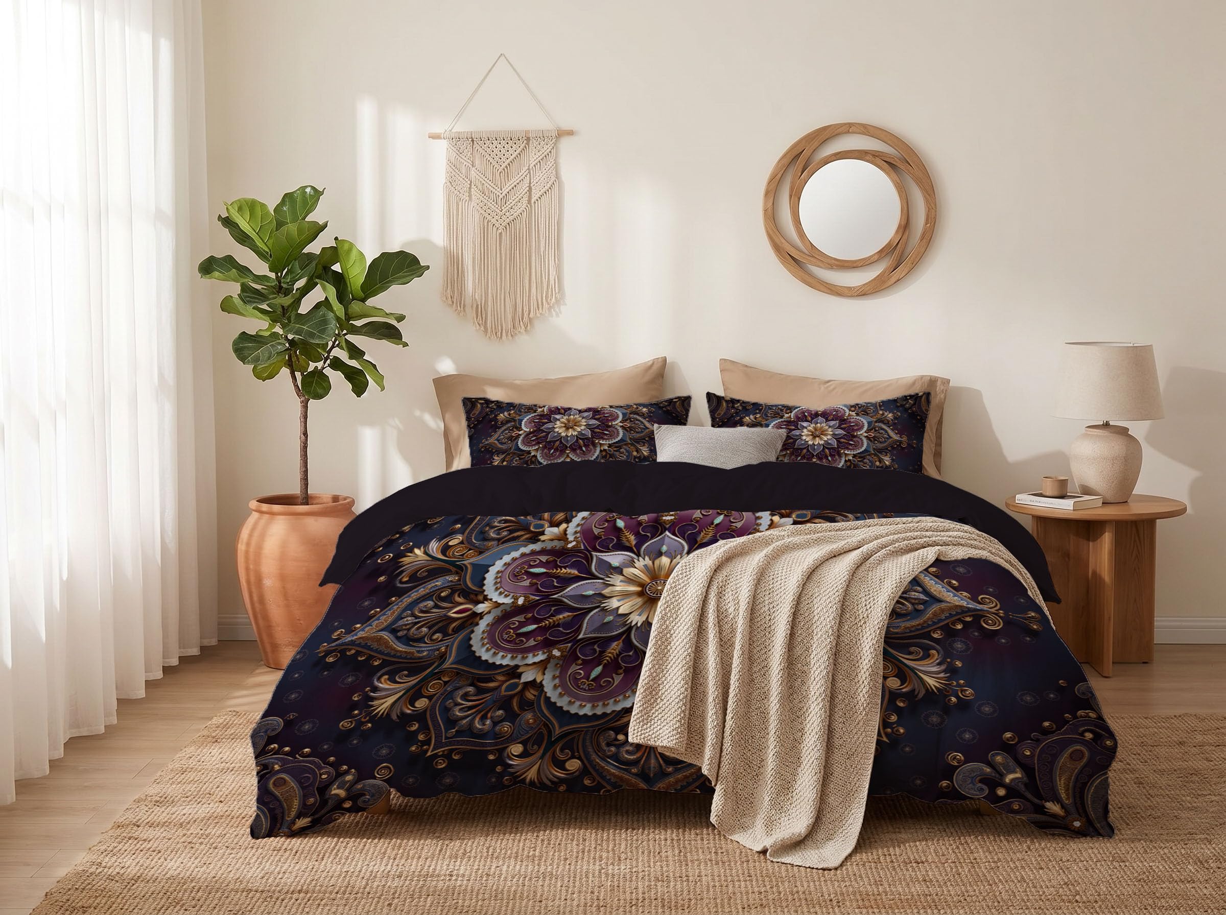 Parure de lit 200x200 mandalas Feng Hua Brun avec housse de couette et 2 taies