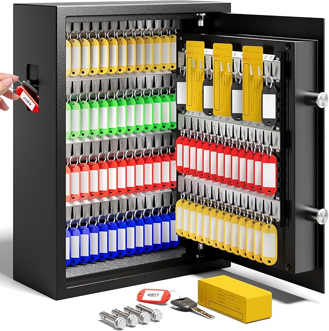 103 Keys Electronic Key Lock Box with Anti-Theft Deposit Key Slot & Key Out Tags, Key Cabinet Wall Mount with Code for Home Office