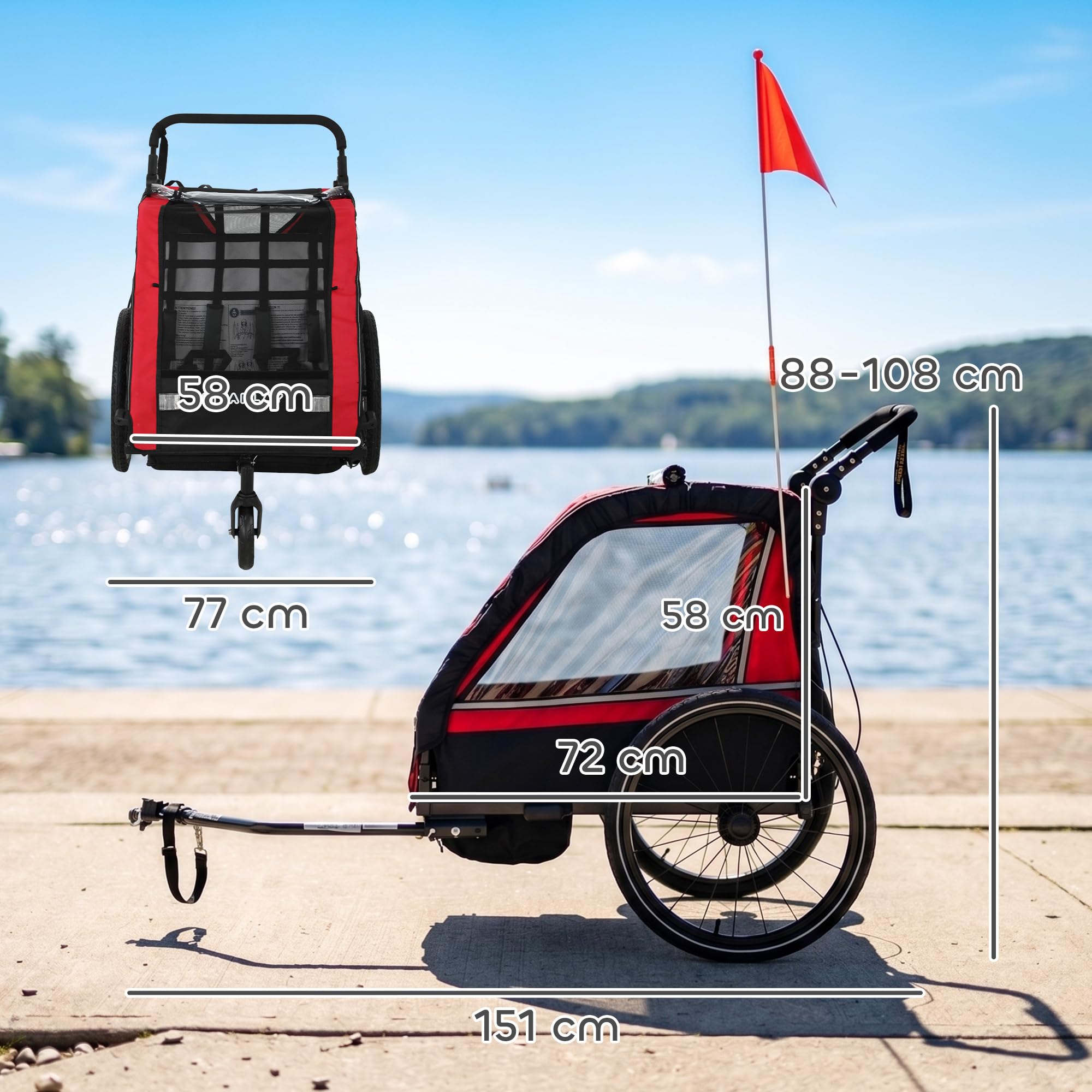 AIYAPLAY Remorque vélo Enfant 2 Places 2 en 1, Poussette vélo bébé avec Guidon réglable, Frein à Main, Ceinture de sécurité 5 Points, Fanion de sécurité, attelage Universel, jusqu'à 38 kg, Rouge