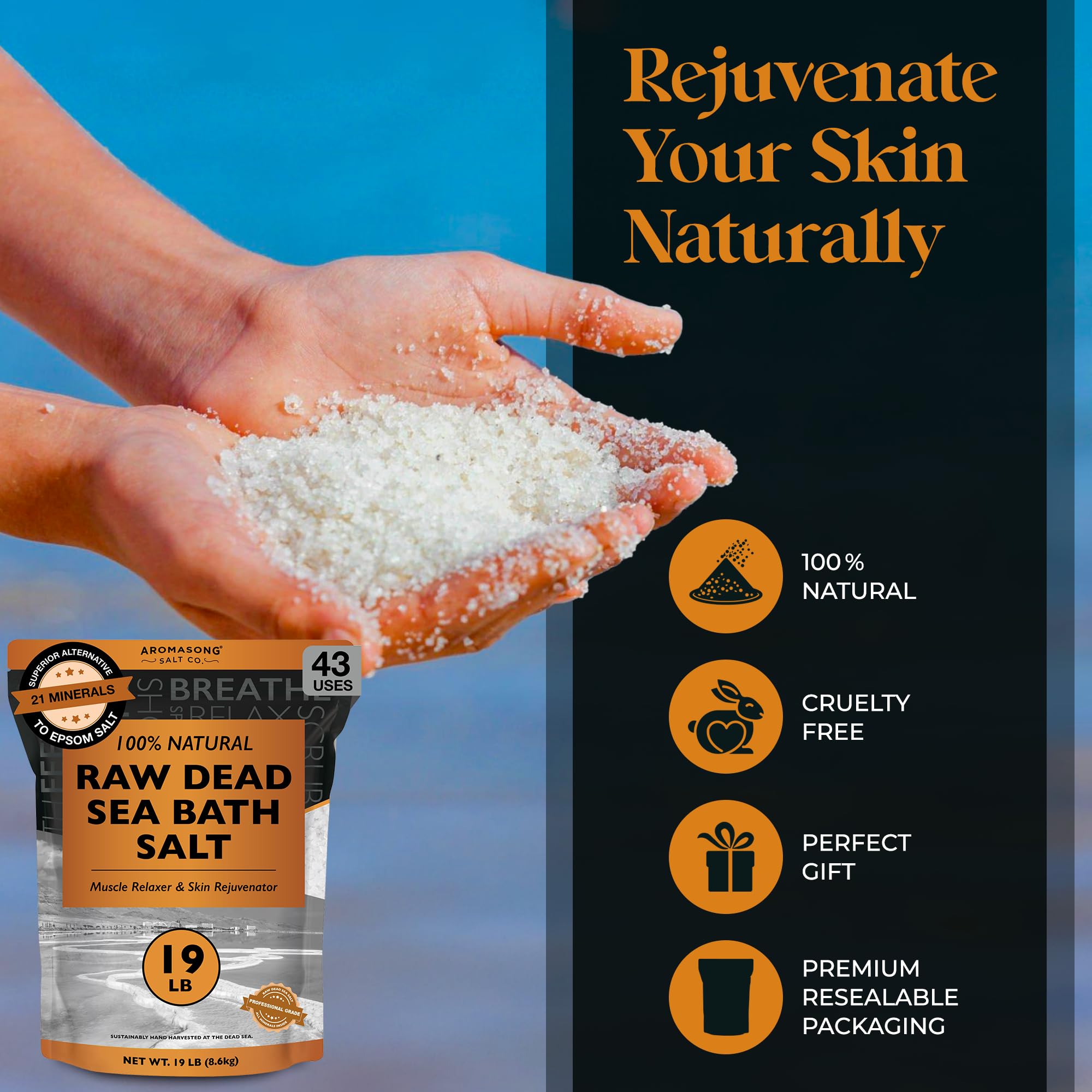 19 Lbs Raw Dead Sea Salt, Not Cleaned, Still Contains All Dead Sea Minerals Including Dead Sea Mud, Fine Medium Grain, Resealable Bulk Pack, Better Absorption & Leaves Your Skin Softer Then Epsom Salt