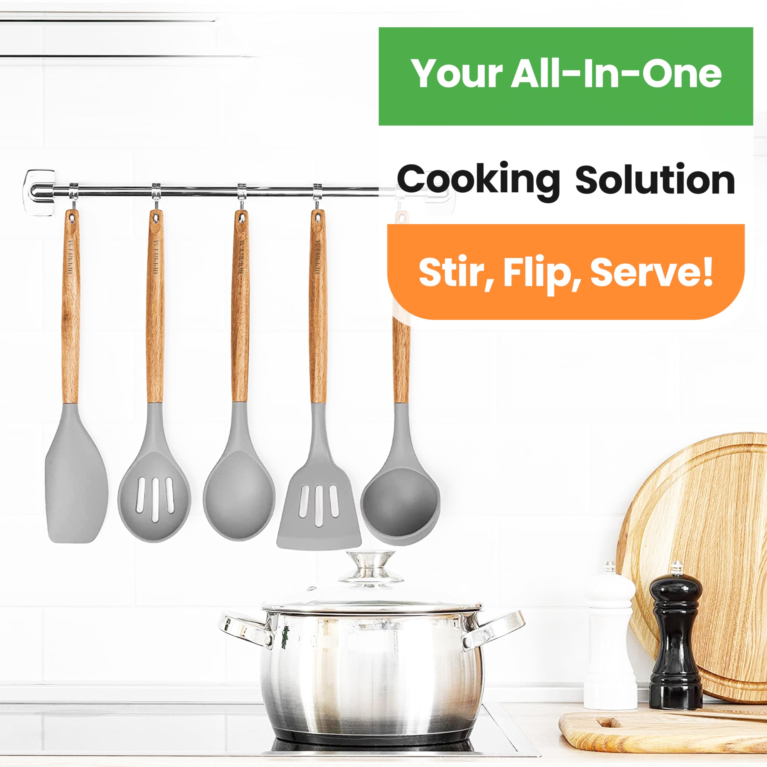 Juego de 12 utensilios de cocina de silicona, resistentes al calor, antiadherentes, juego de 12 espátulas, cabeza de silicona y asas de madera (color caqui)
