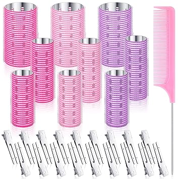 28 Pieces Aluminium Thermal Hair Rollers for Long Hair Set 9 Self Grip Rollers 18 Duckbill Hair Clips Pink Comb Hairdressing Styling Tool for Women Girl, 1.2 x 3.2 Inch, 1.2 x 3.6 Inch, 2 x 3.6 Inch