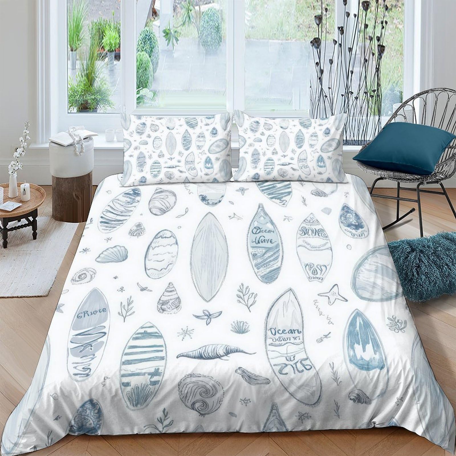 TUFRTGYHN 3D Printed Seashell Duvet Cover Microfiber Soft Breathable Ocean Leaf Bedding Set with 2 Pillowcases, Bedroom Decor Single（135x200cm）