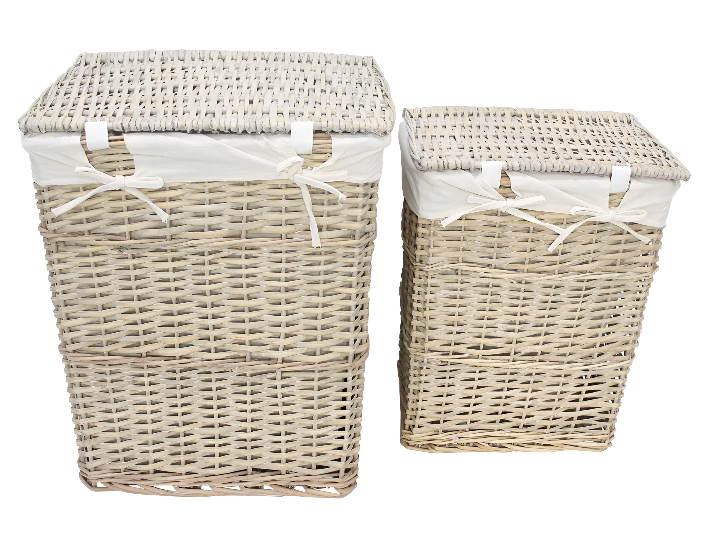 Dekoleidenschaft 2x Wäschekorb "Modern Grey" aus Weide mit Deckel und Stoffeinsatz, Wäschesammler, Aufbewahrungskorb, Flechtkorb, Wäschebehälter, Laundry Basket Set