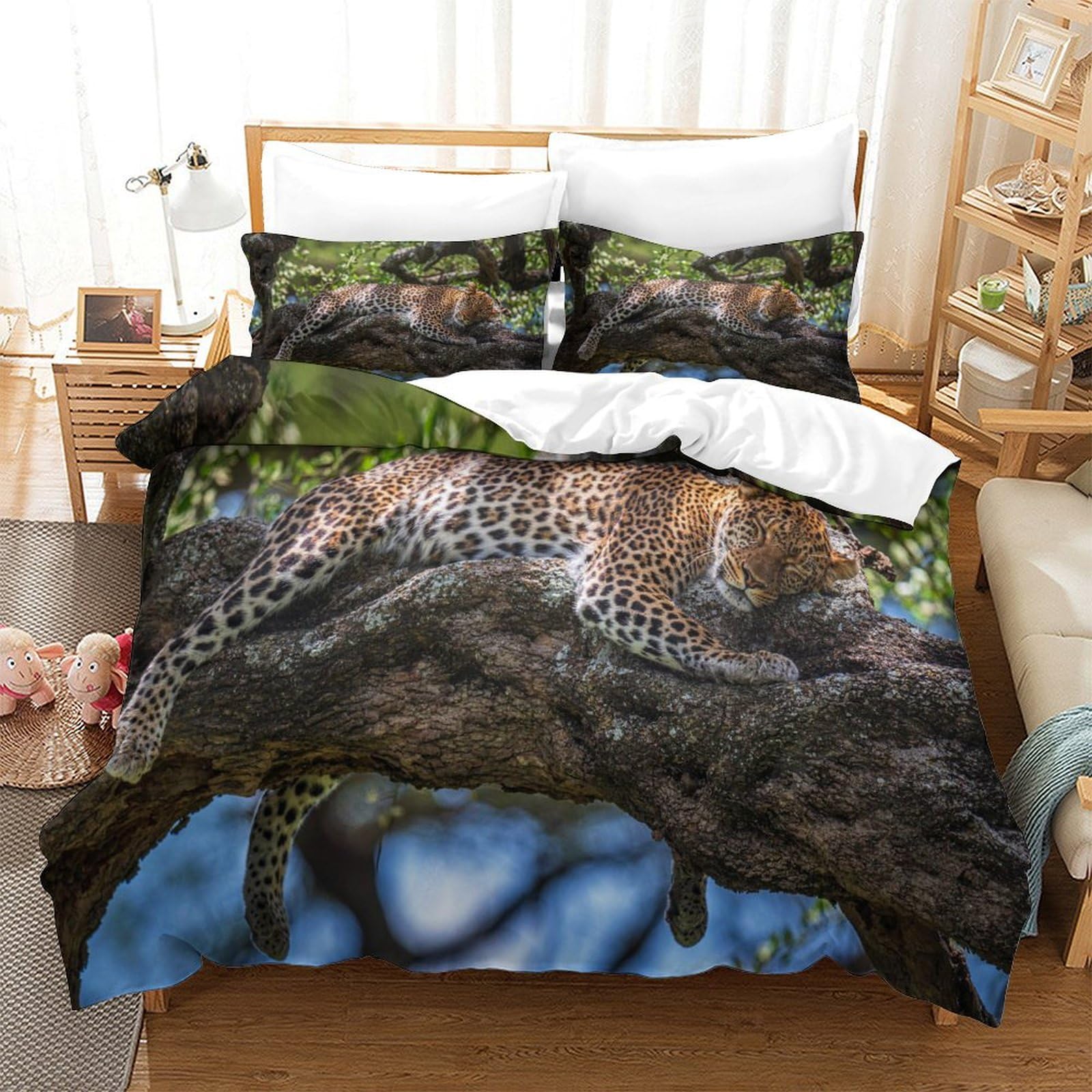 P1s9u7w5y Jaguar-7 Wild Leopard Theme 3D Printed Duvet Cover Set 3Pcs Microfiber Leopard Bedding Set King（220X240cm）