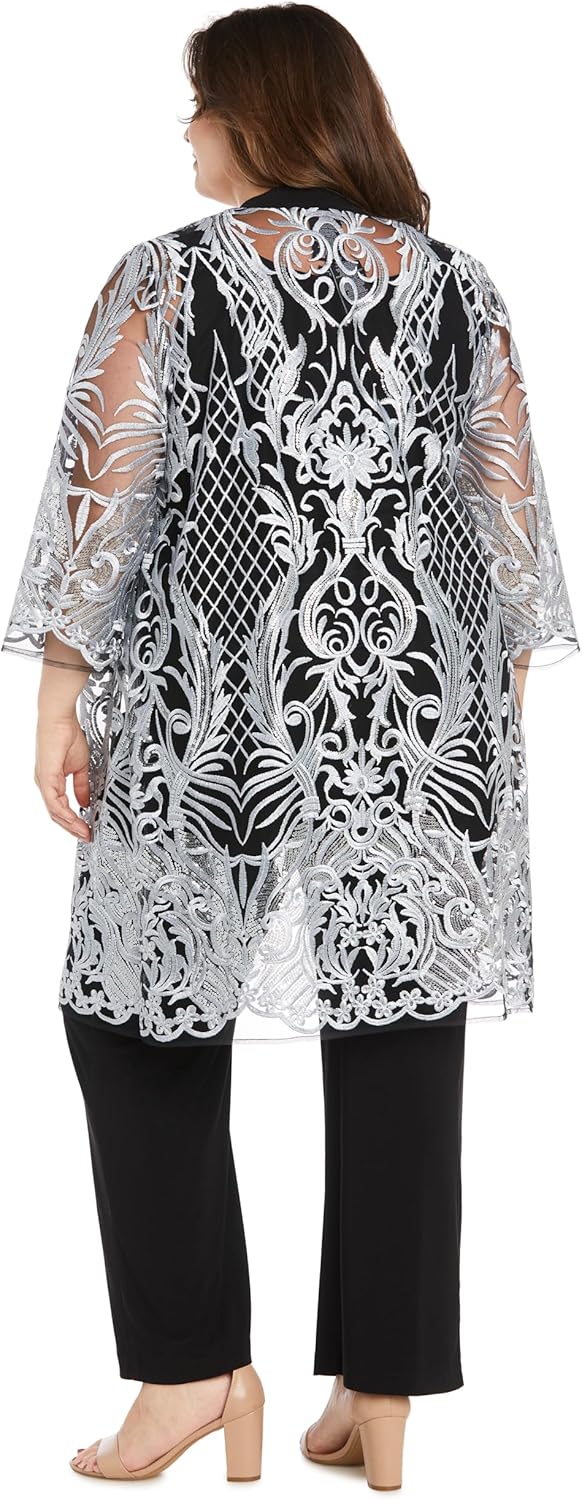 3PC Glitter Embroidered Pant Set W/Duster Jacket & Tank Top.