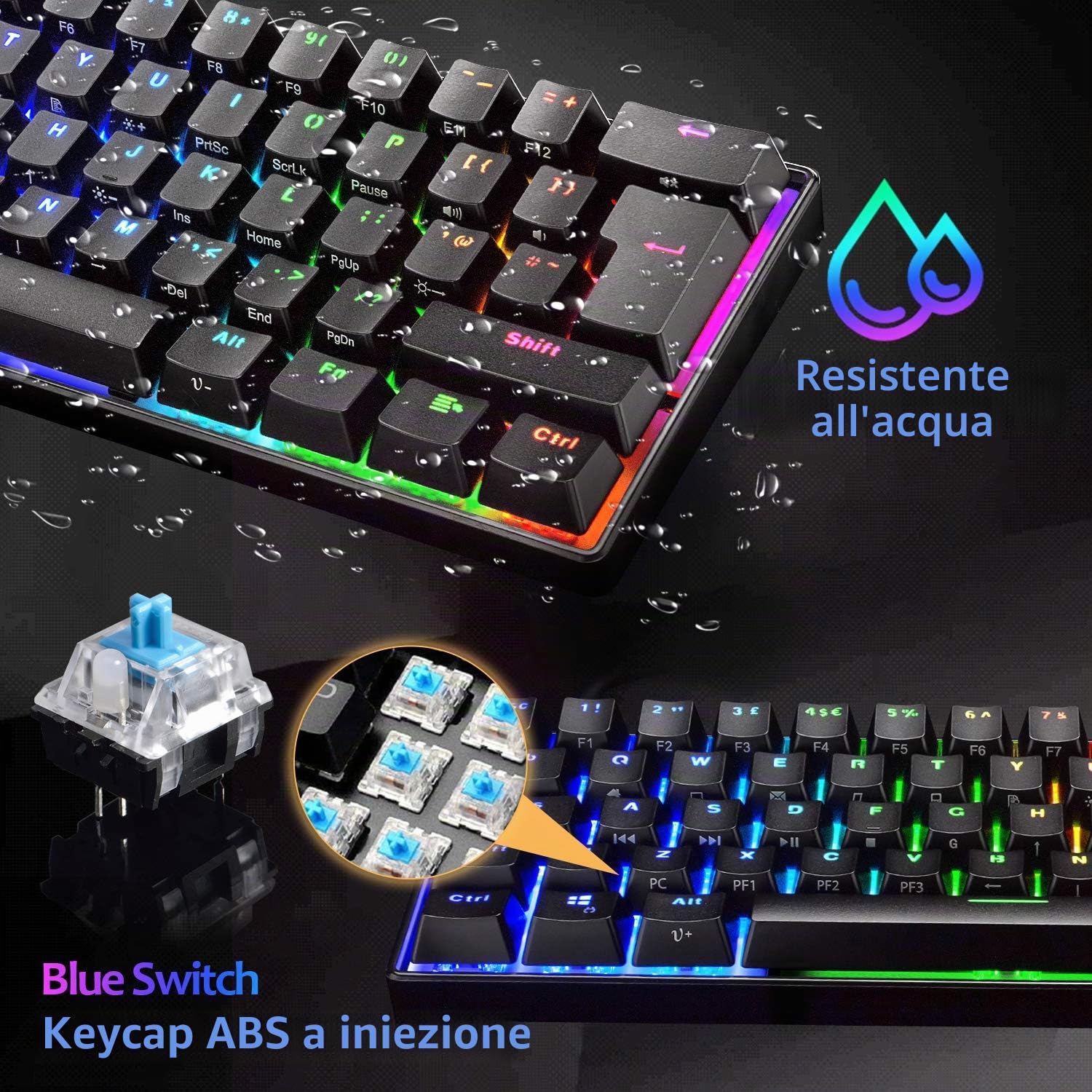 UK 61 60% Tastiera da gioco meccanica vera Tipo C Cablata 61 tasti Tastiera impermeabile USB retroilluminata a LED Retroilluminazione RGB Tasti anti-ghosting completi per computer/PC/laptop/MAC