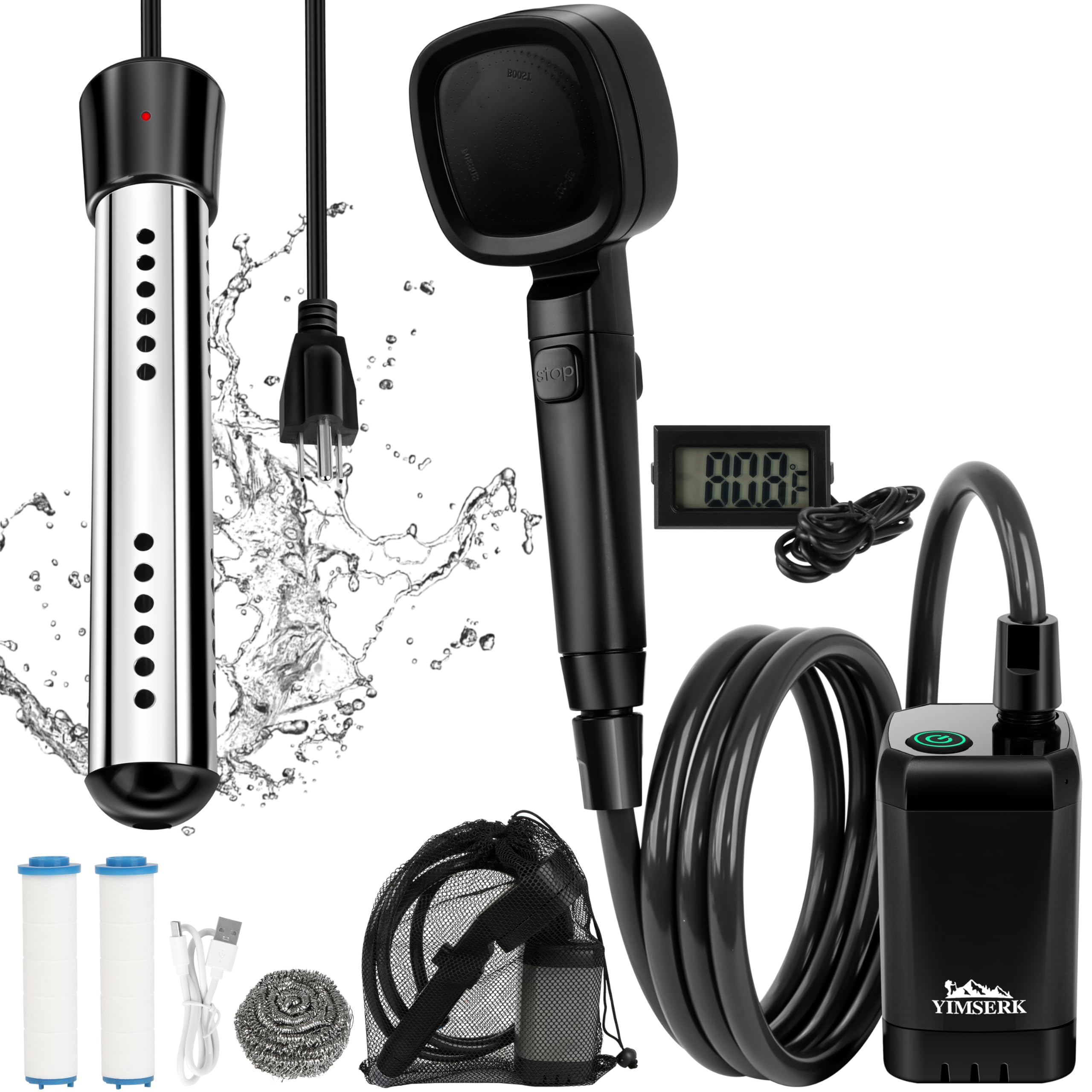 6000mAh Portable Shower for Camping with 2000W Immersion Water Heater – Rechargeable Camp Shower Pump, 4-Mode Filtered Head, LED Display, Outdoor Camping Shower Kit for Travel, Pets & Car Washing