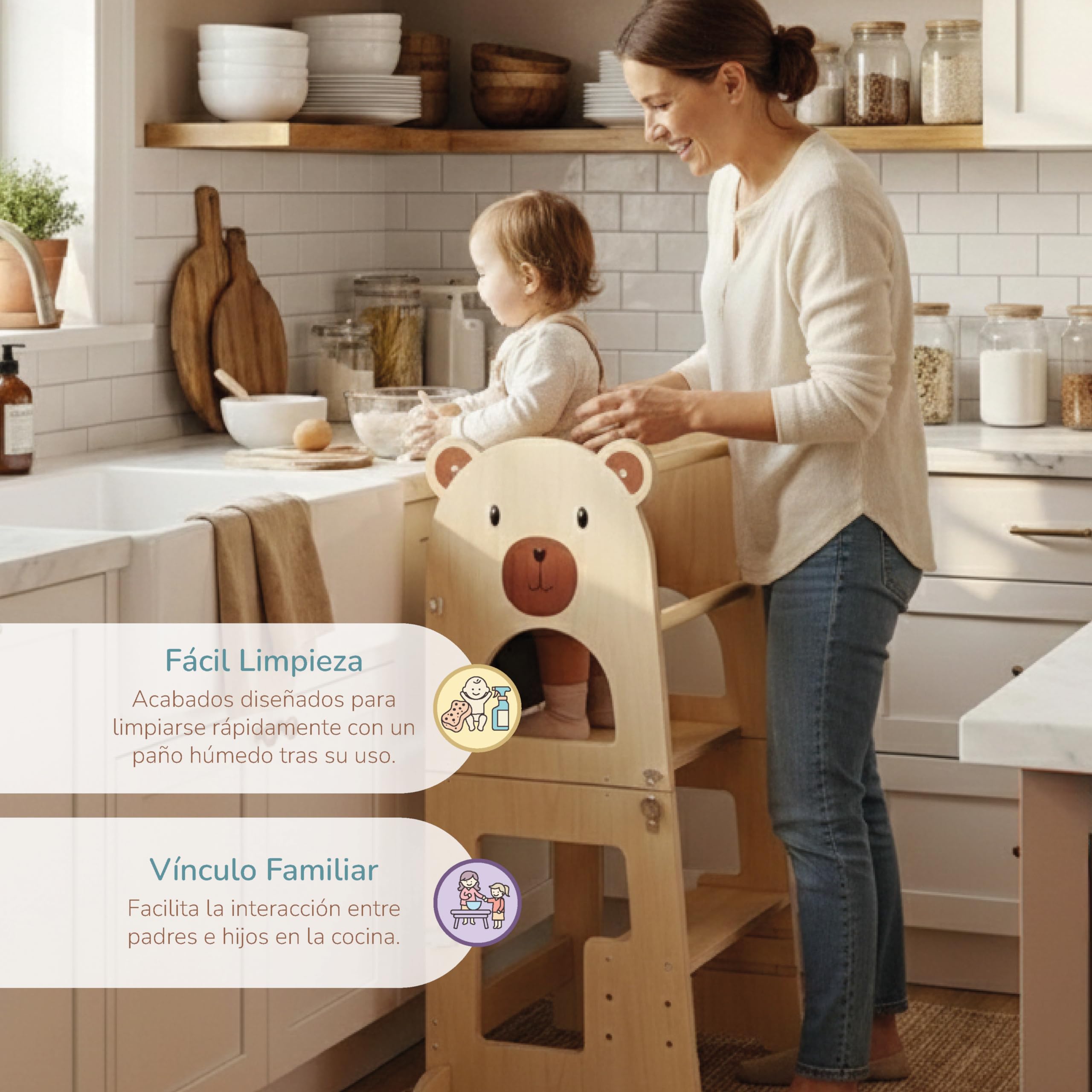 Buddy Baby Xperimenta Torre di apprendimento Montessoriana in legno trasformabile in scrivania e sgabello pieghevole per cucina con barra di sicurezza