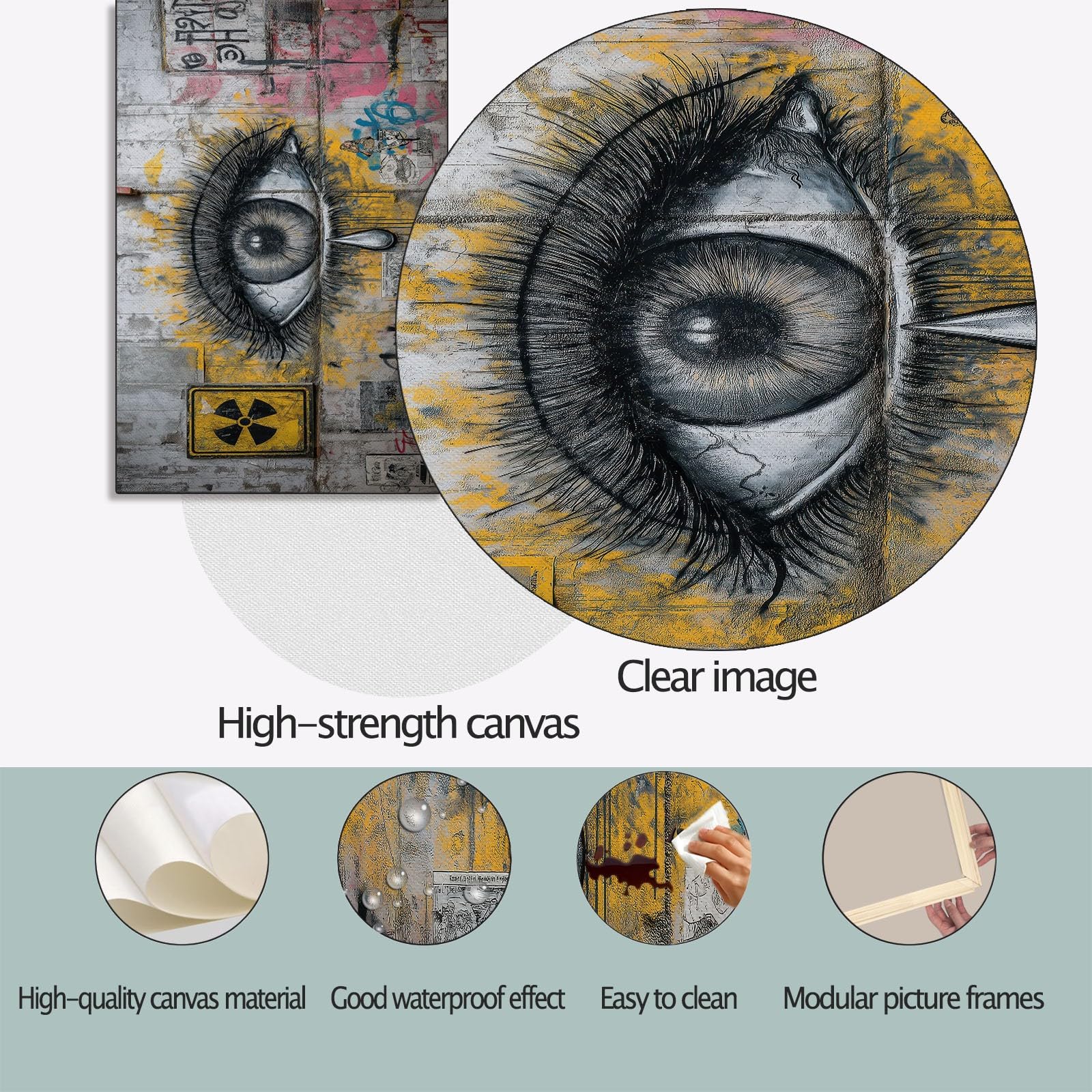 Graffiti Eye Canvas Wall Art, stampe su tela retrò City Street per soggiorno, camera da letto, ufficio, grigio impermeabile immagini da parete per bagno, 99 x 50 cm, senza cornice
