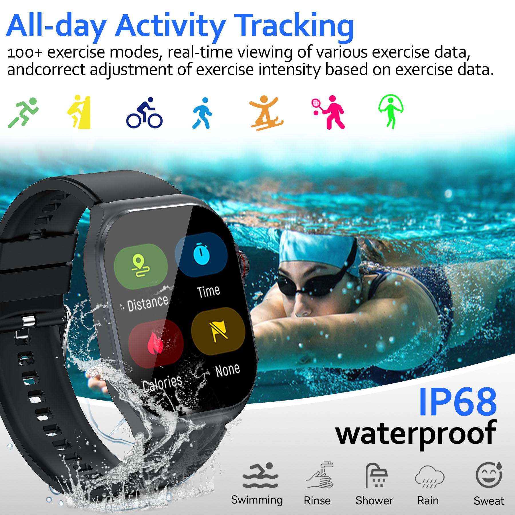 AI Smart Watches for Men Women - 1.87'' Health Monitor Watch with Heart Rate, Blood Pressure, Blood Oxygen, Sleep & Stress Track, 100+ Sports Modes, IP68 Waterproof Fitness Watch,Black